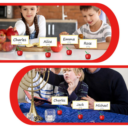 Beeveer 20 Set Rosh Hashanah Place Card Holder with 25 Pcs Name Cards Mini Red Apple Table Number Stand with Heart Shape Holder Clip for Rosh Hashanah Party Decorations Back to School Table Decor