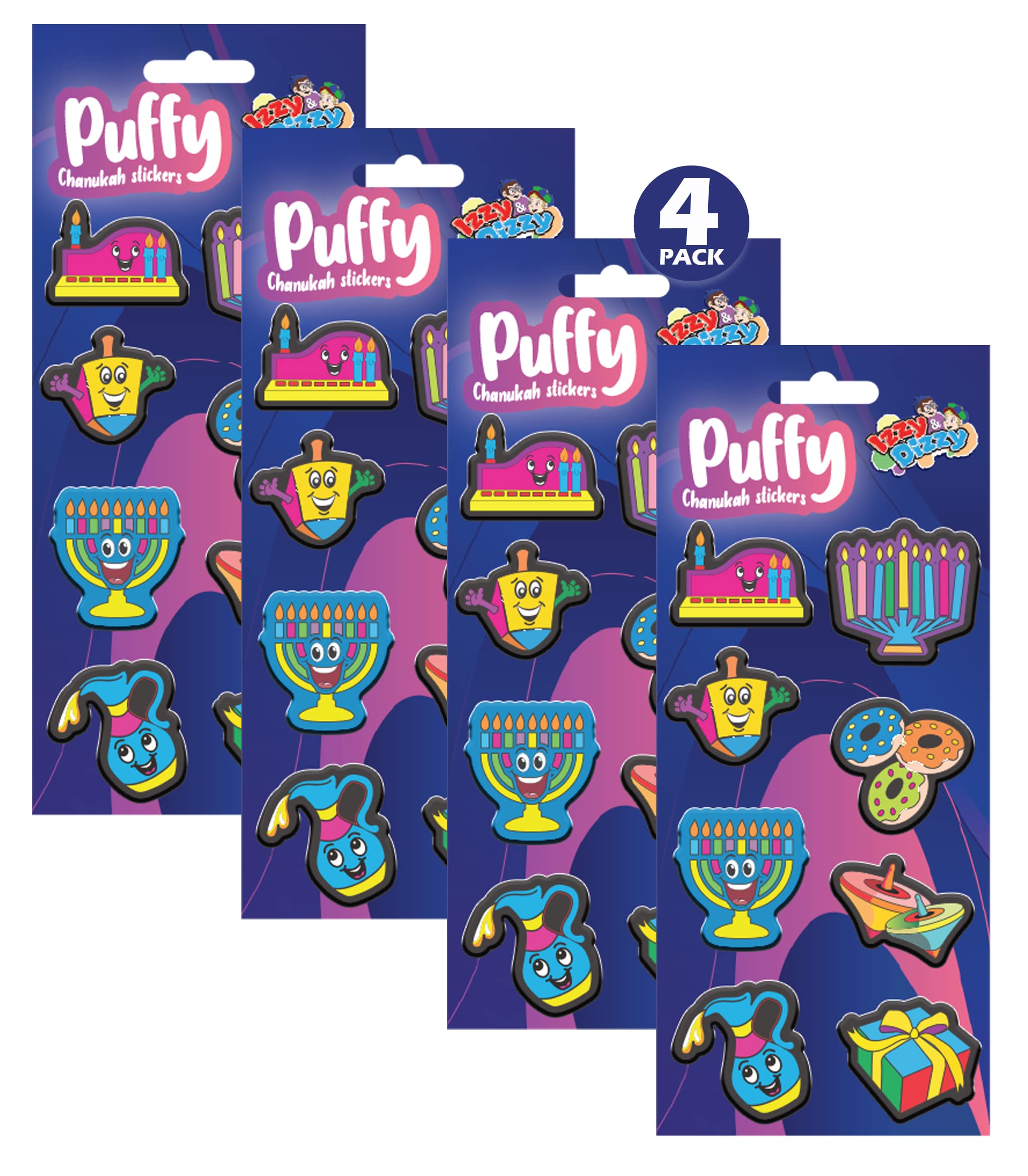 Izzy 'n' Dizzy Hanukkah Sponge Stickers - Chanukah Puffy Stickers - Holiday Stickers - 8 Fun Hannukah Designs - 4 Pack