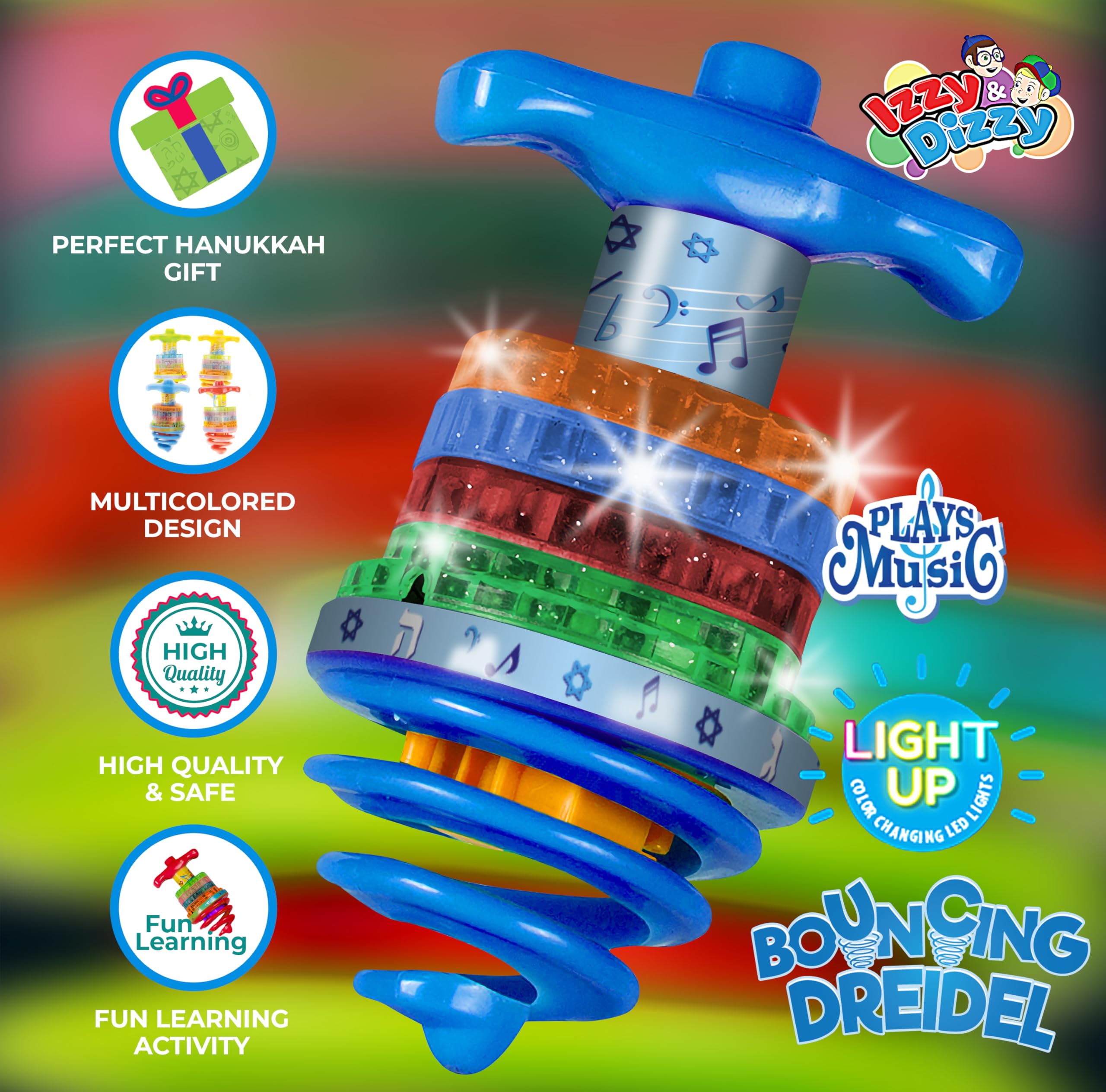 Bouncing Musical Chanukah Dreidel - Sings "Draidel" as it Bounces and Spins - Hanukah Toys, Games - Assorted Colors - by Izzy ‘n’ Dizzy