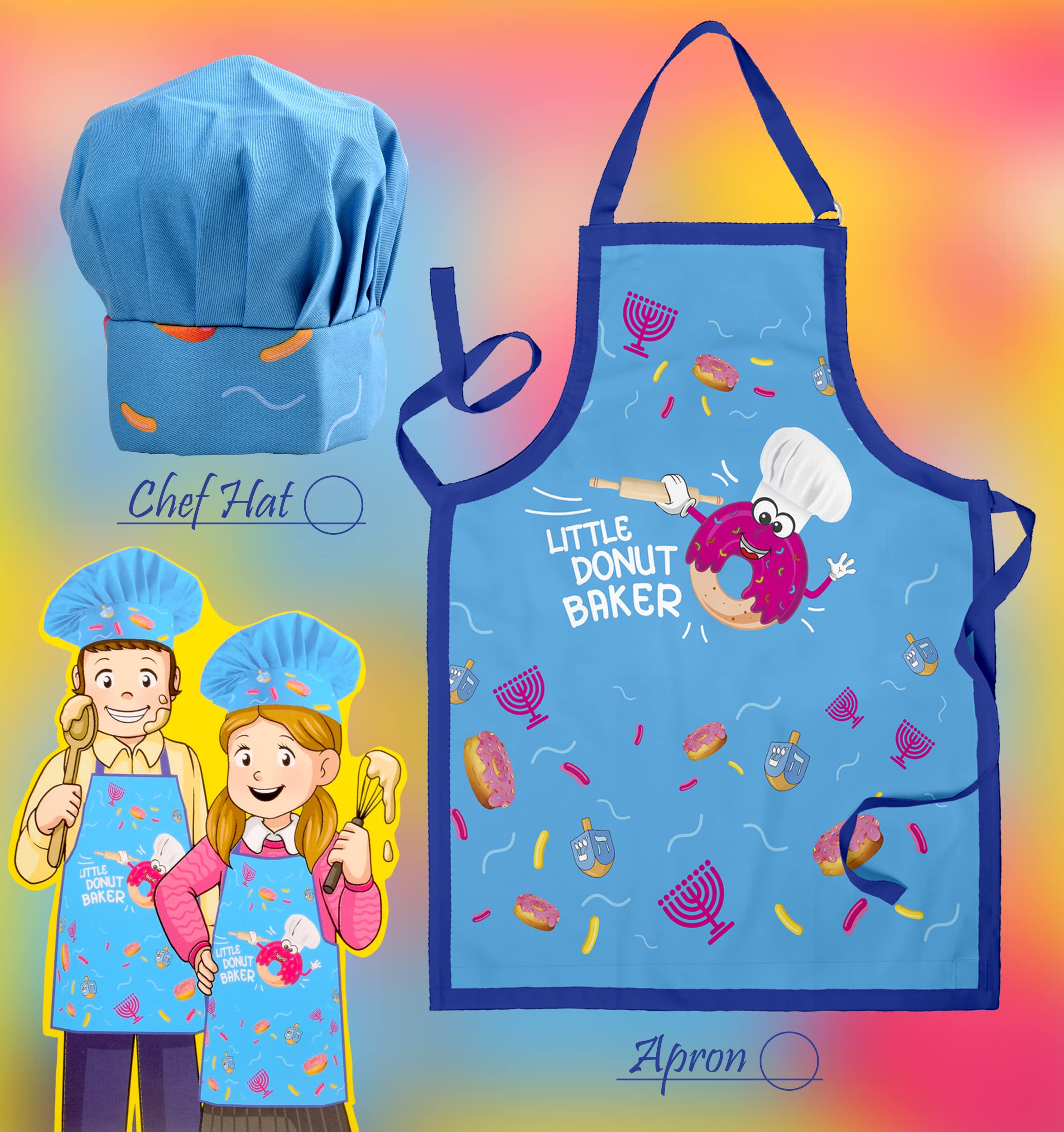 The Kosher Cook Hanukkah Kids Chef Set - Kids Chef Hat and Apron Set for Chanukah - Great Hanukkah Gift