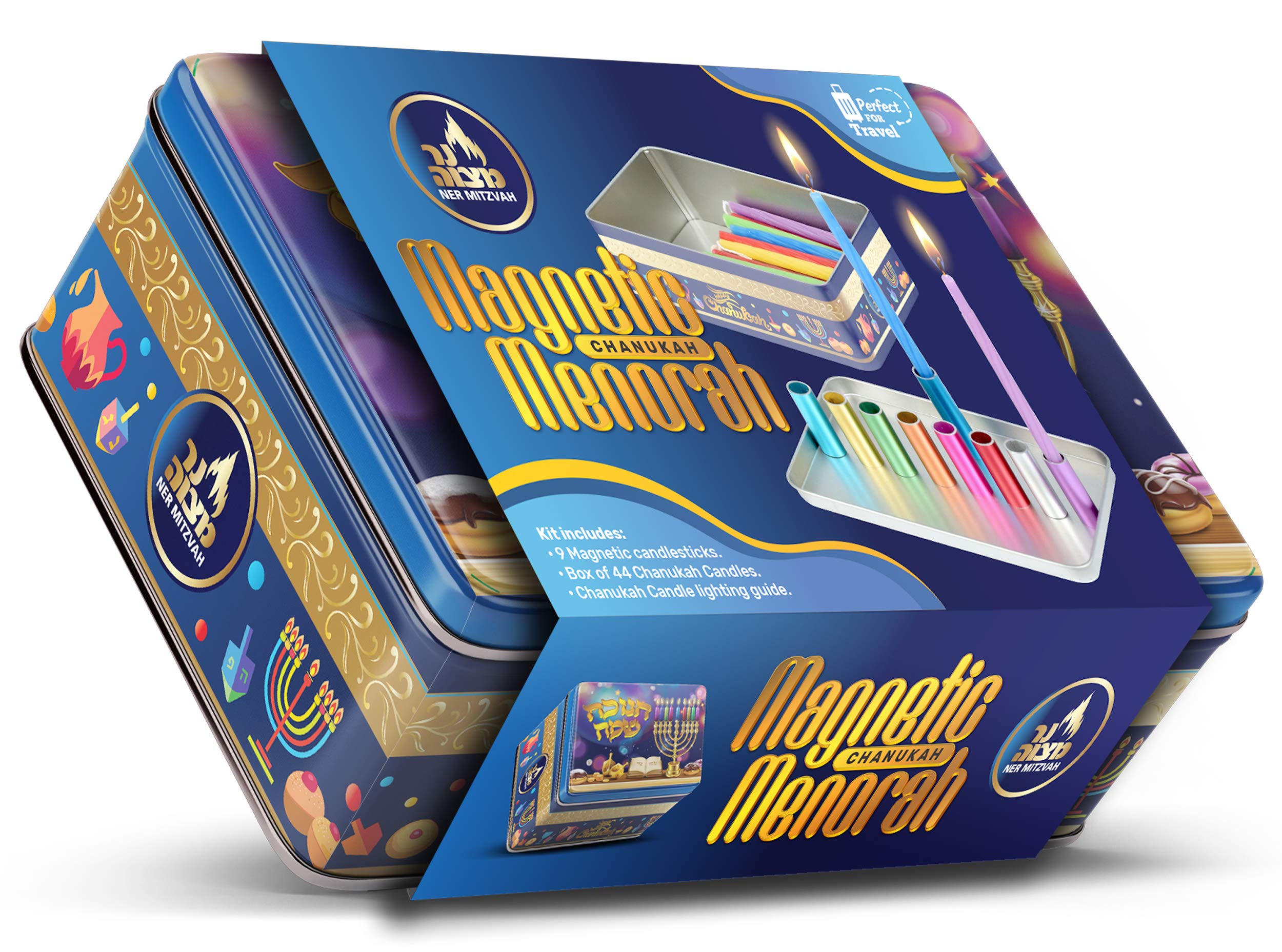 Colorful Kids Magnetic Candle Menorah Set- Includes Box of Chanukah Candles - Fun Safe and Decorative Tin Childrens Menorah