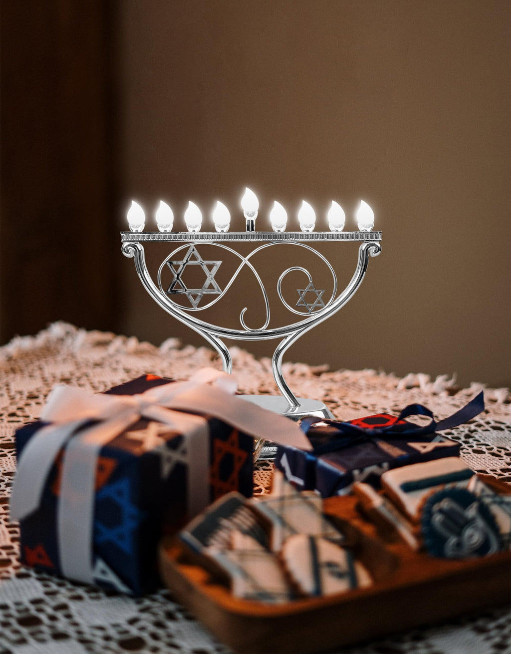 Ner Mitzvah LED Electric Hanukkah Menorah, LED Traditional Whimsical Channukah Menorah Electric, Battery or USB Powered and Cord Included, Silver