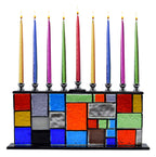 Ner Mitzvah Glass Hanukkah Menorah - Blue & White Stones - Handcrafted Painted Glass - Fits Standard Chanukah Candles