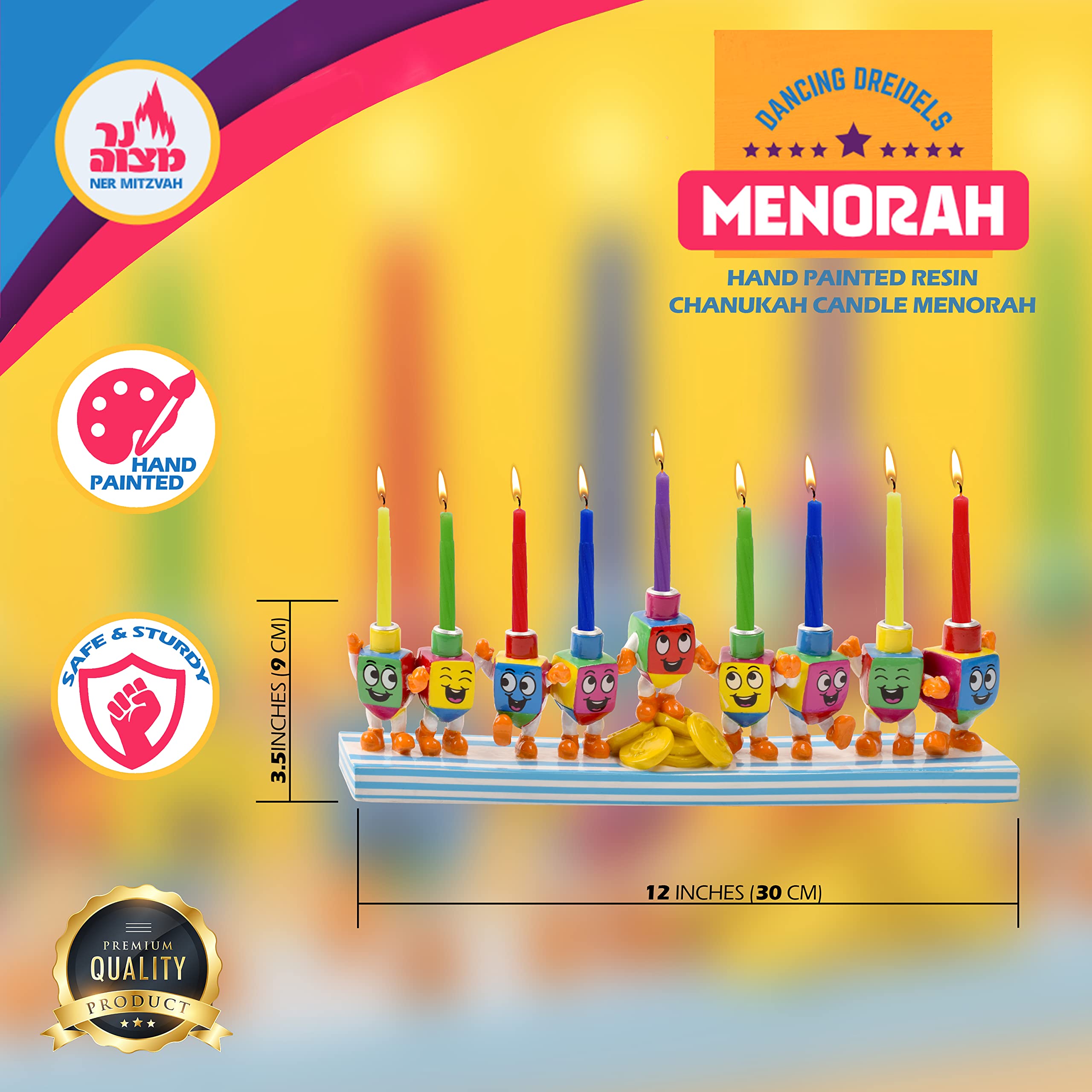 Ner Mitzvah Hand Painted Resin Hanukkah Menorah - Theme Menorahs for Chanukah - Dancing Dreidels Chanukah Menorah for Kids