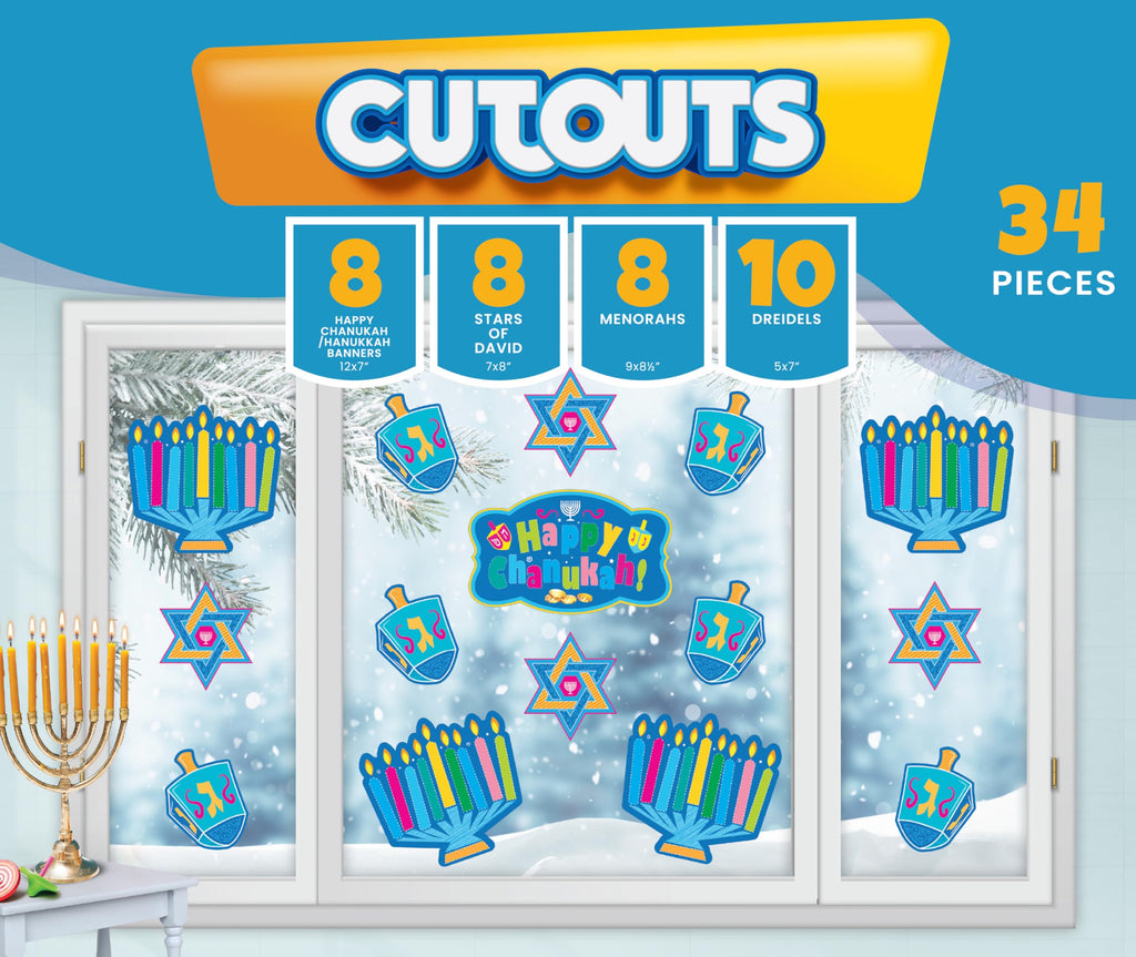Izzy 'n' Dizzy Hanukkah Cutouts, Happy Hanukkah and Happy Chanukah Holiday Party Decoration (34 Piece)