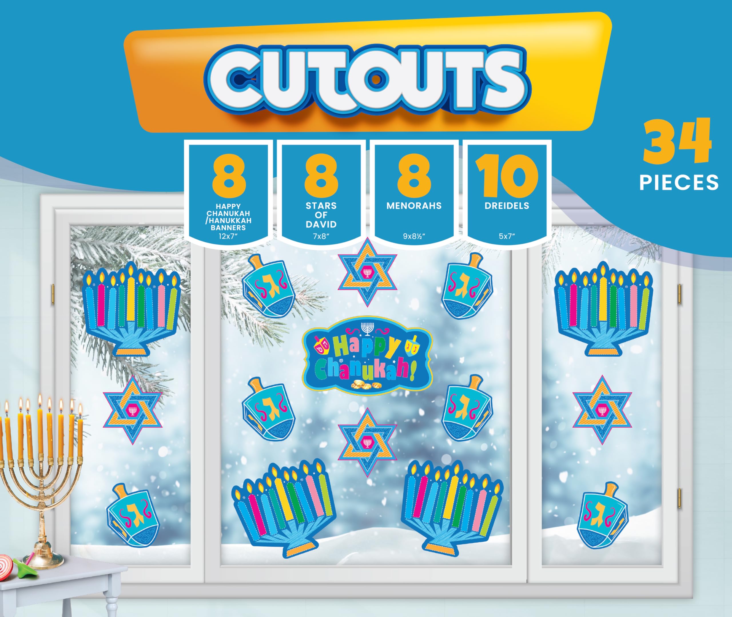 Izzy 'n' Dizzy Hanukkah Cutouts, Happy Hanukkah and Happy Chanukah Holiday Party Decoration (34 Piece)
