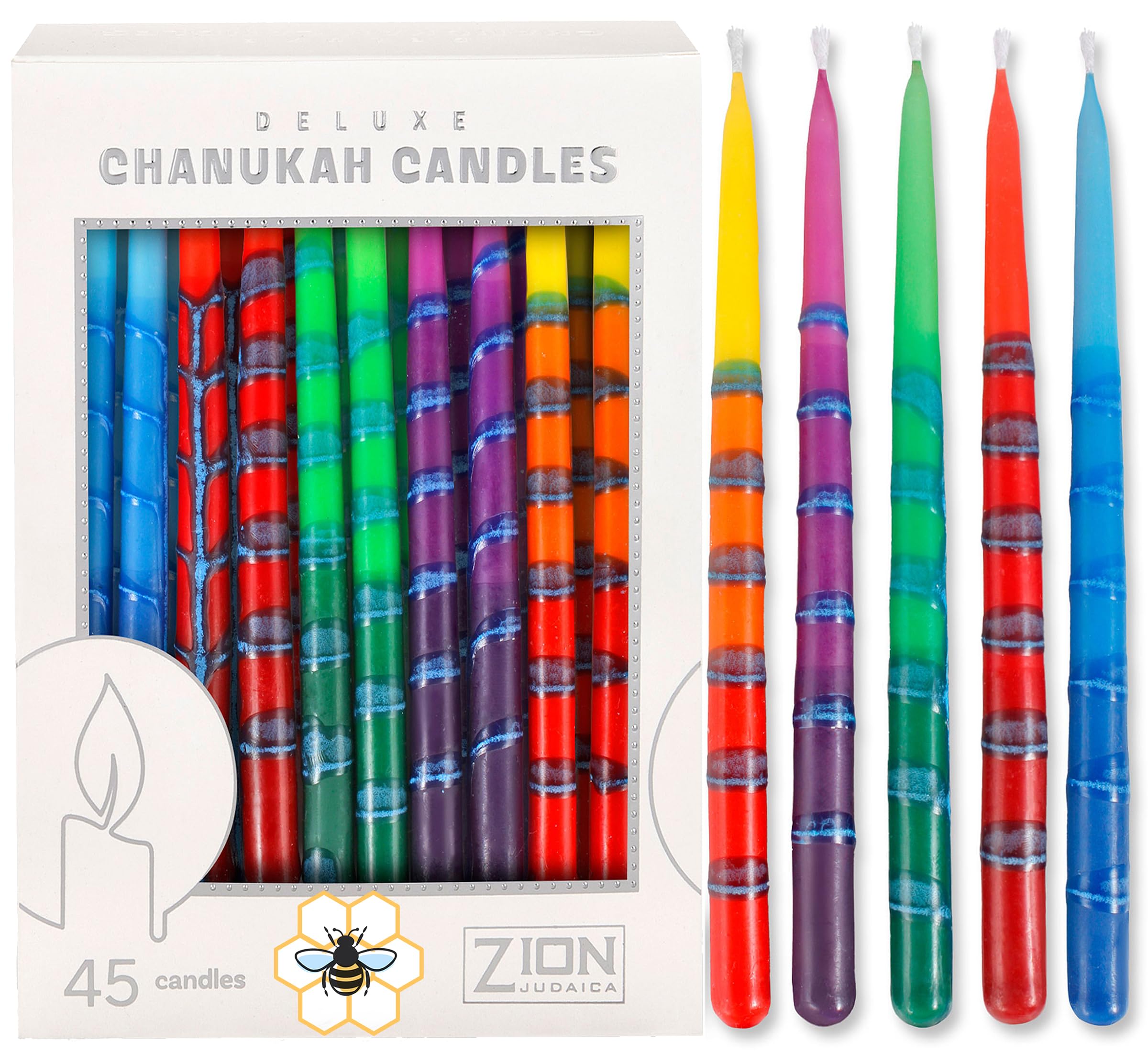 Zion Judaica Natural Beeswax Colorful Hanukkah Candles 45 Multi-Color Chanukah Natural Bees Wax Menorah Candles 0.38" Fits Standard Menorahs Dreidel & Minorah Prayer Card Hanukah Birthday Party Decor