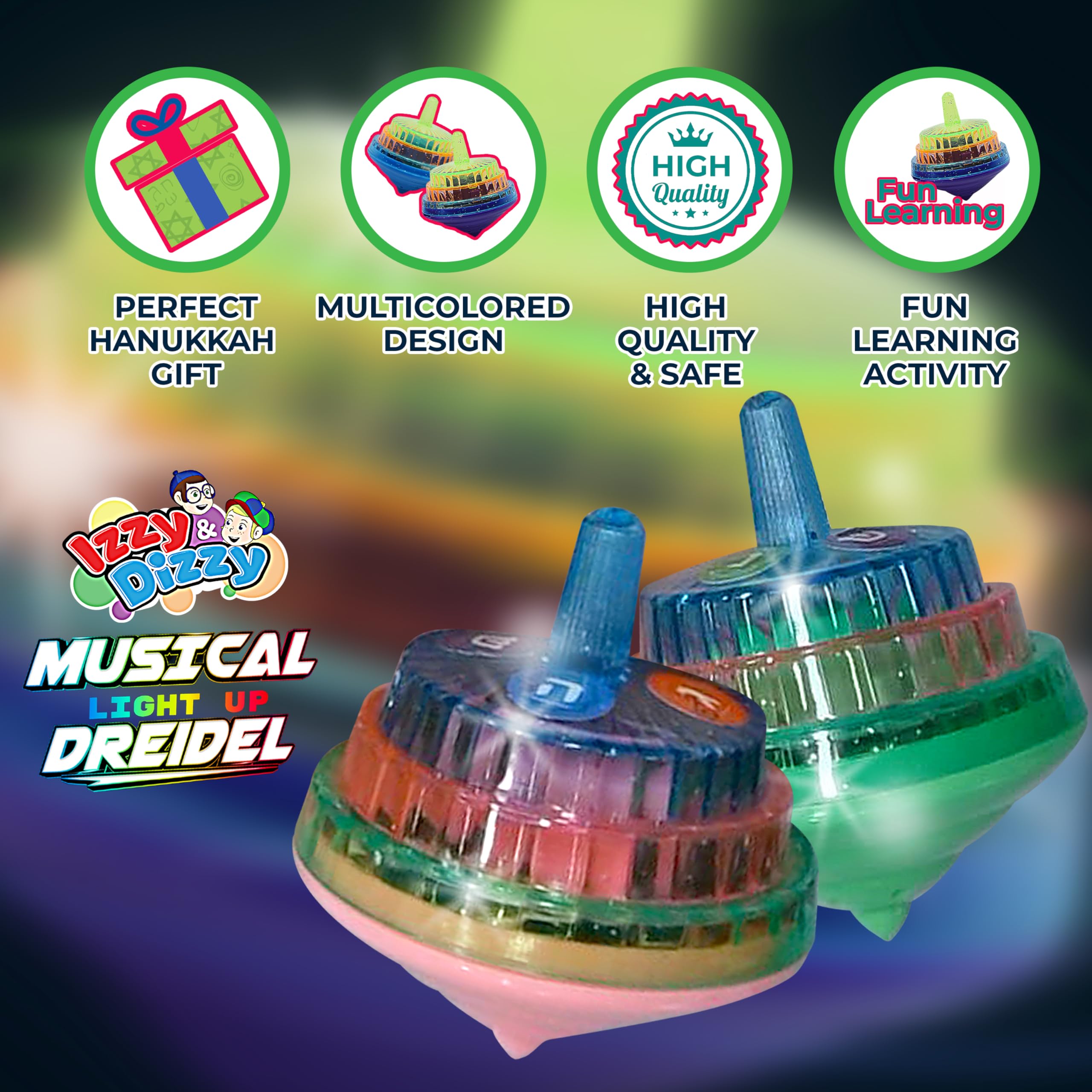 Izzy 'n' Dizzy Musical Dreidel - Hanukkah Dreidel 2 Pack - Sings Oh Draidel as it Lights Up - Light Up Dreidels - Chanukah Toys & Games