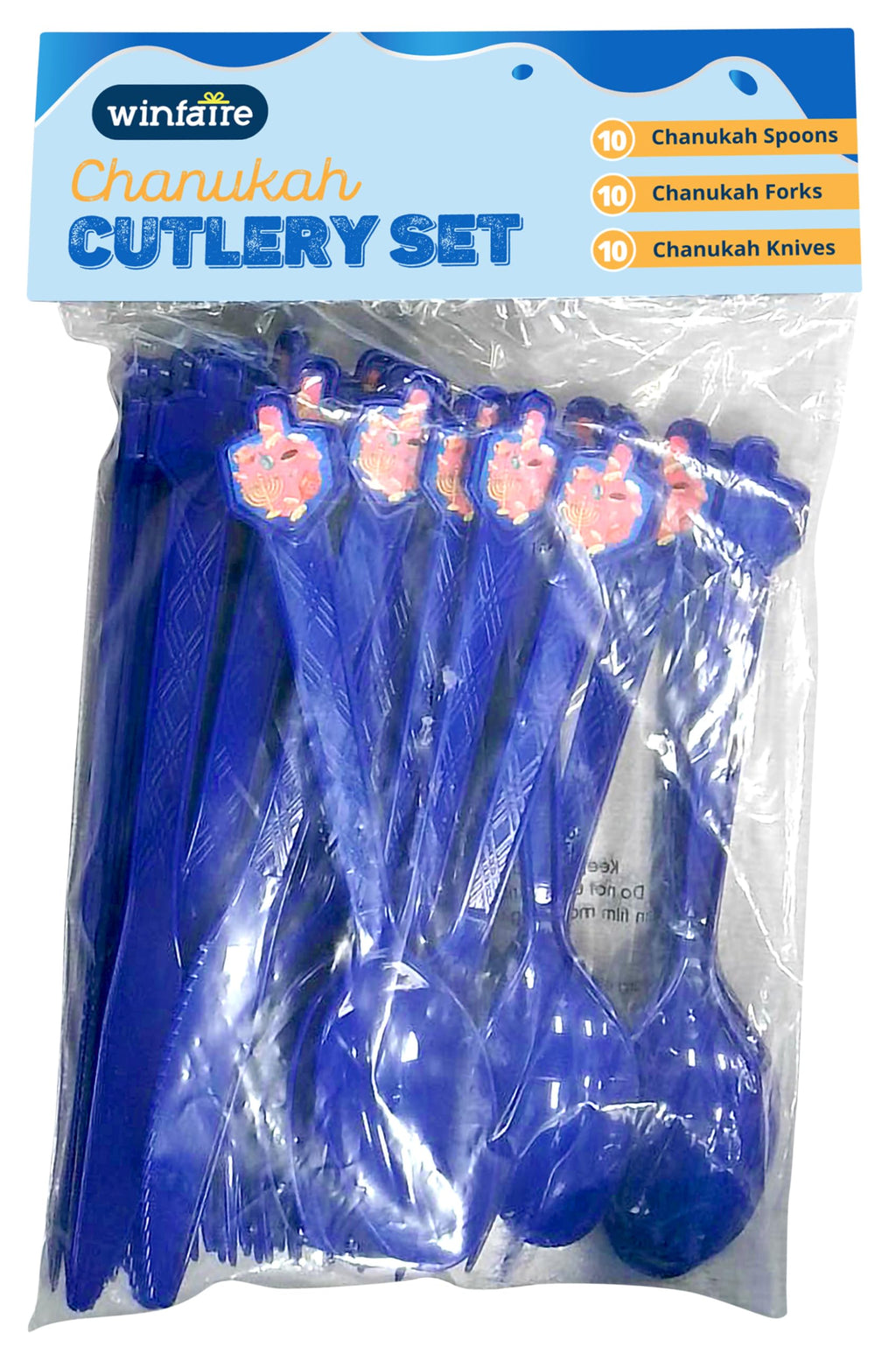 Izzy 'n' Dizzy Hanukkah Cutlery, Dreidel Cutlery Set, Hanukkah Paper Goods, Multicolored Chanukah Themed Party Supplies - 10 Spoons, 10 forks, 10 Knives (Pack of 30)