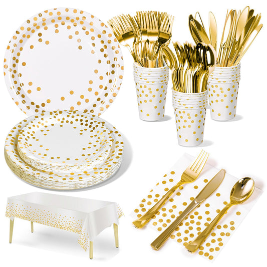 Nkaiso 141 Pieces White Gold Party Supplies, Party Dinnerware Sets Include Paper Plates Napkins Cups Silverware, for Wedding Bridal Shower Engagement Birthday Parties Decoration -20 Serves