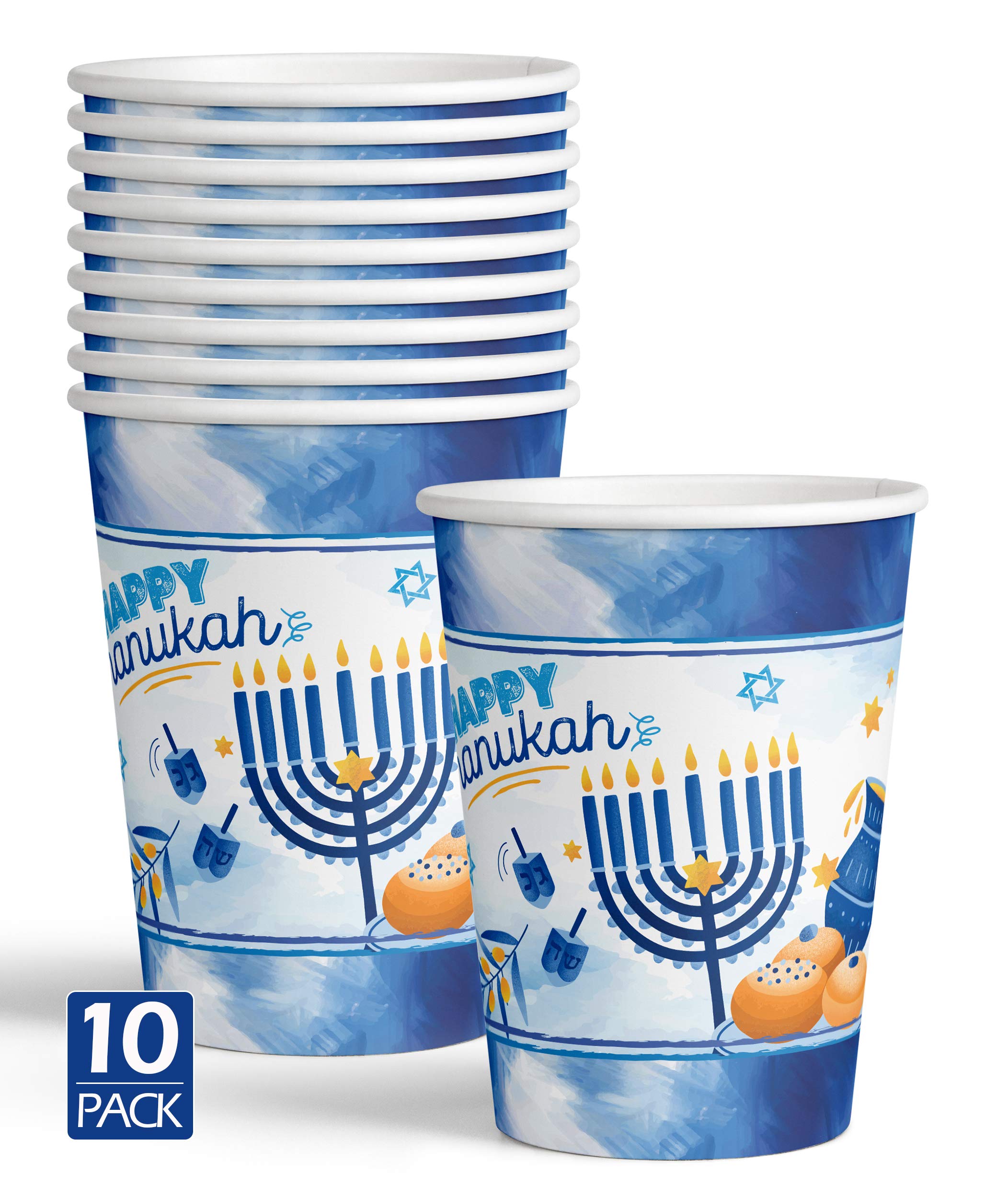 Izzy 'n' Dizzy Hanukkah Cups - 9 oz - 10 Pack - Hanukkah Paper Goods - Blue and White Chanukah Themed Party Supplies