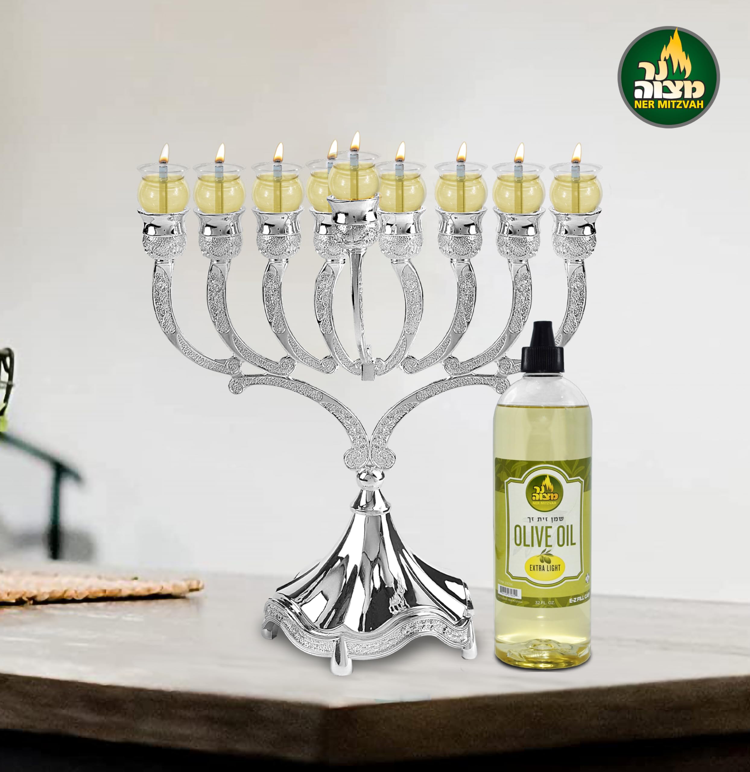 Ner Mitzvah Olive Oil for Candle Lighting - 32 Ounce - Extra Light Olive Oil - Use as Menorah Oil Mason Jar Candles E-Z Fill Cap