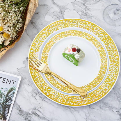 210 Count Gold Plastic Dinnerware, Gold Disposable Plates, Includes: 30 Dinner & 30 Dessert Plates & 30 Cups & 30 Paper Napkins & 30 Plastic Silverware Set