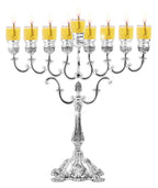 Ner Mitzvah Silver Plated Oil Menorah - Fits Standard Chanukah Oil Cups and Large Candles - Embossed Design, Square Base - 11” High