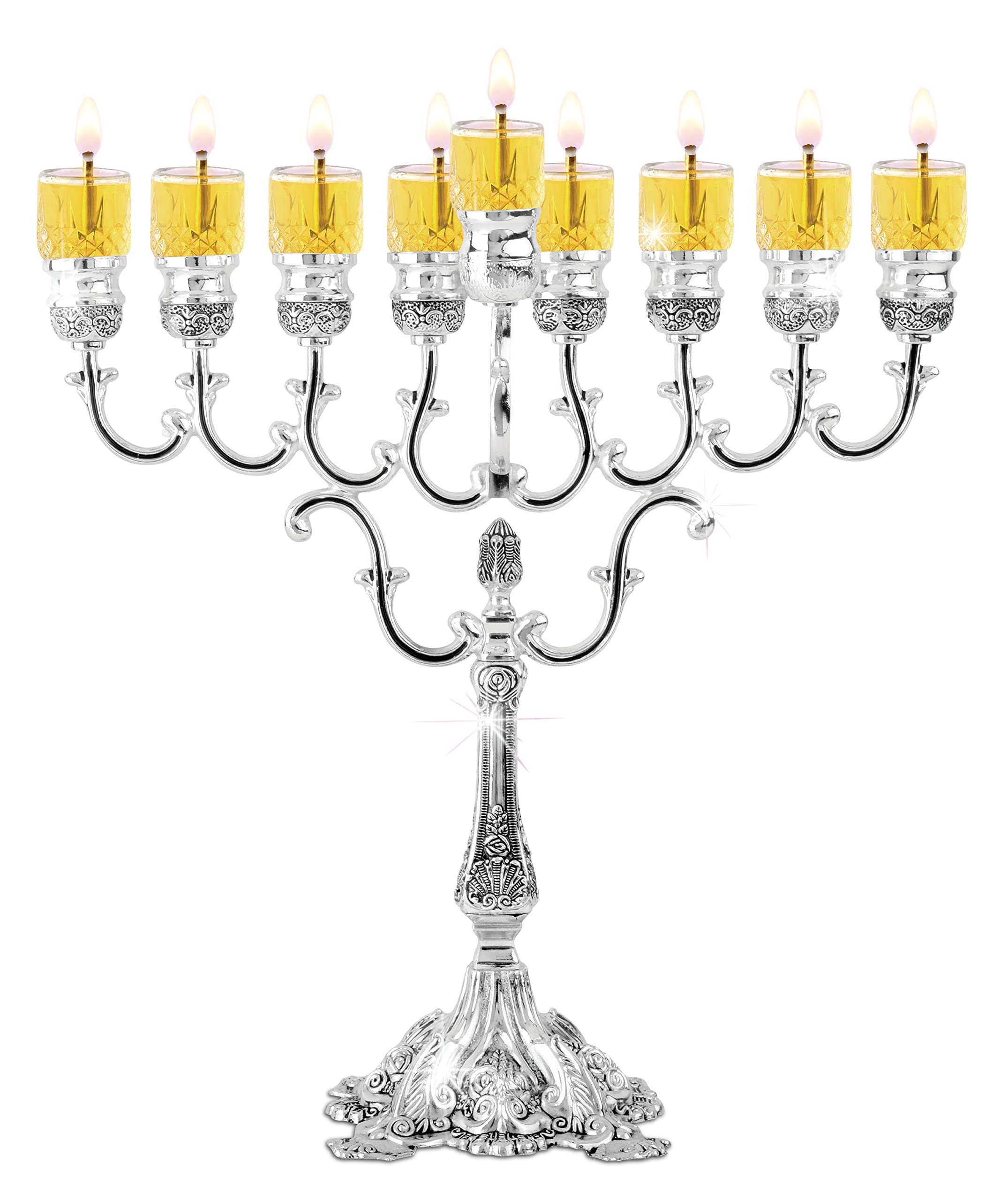 Ner Mitzvah Silver Plated Oil Menorah - Fits Standard Chanukah Oil Cups and Large Candles - Embossed Design, Square Base - 11” High