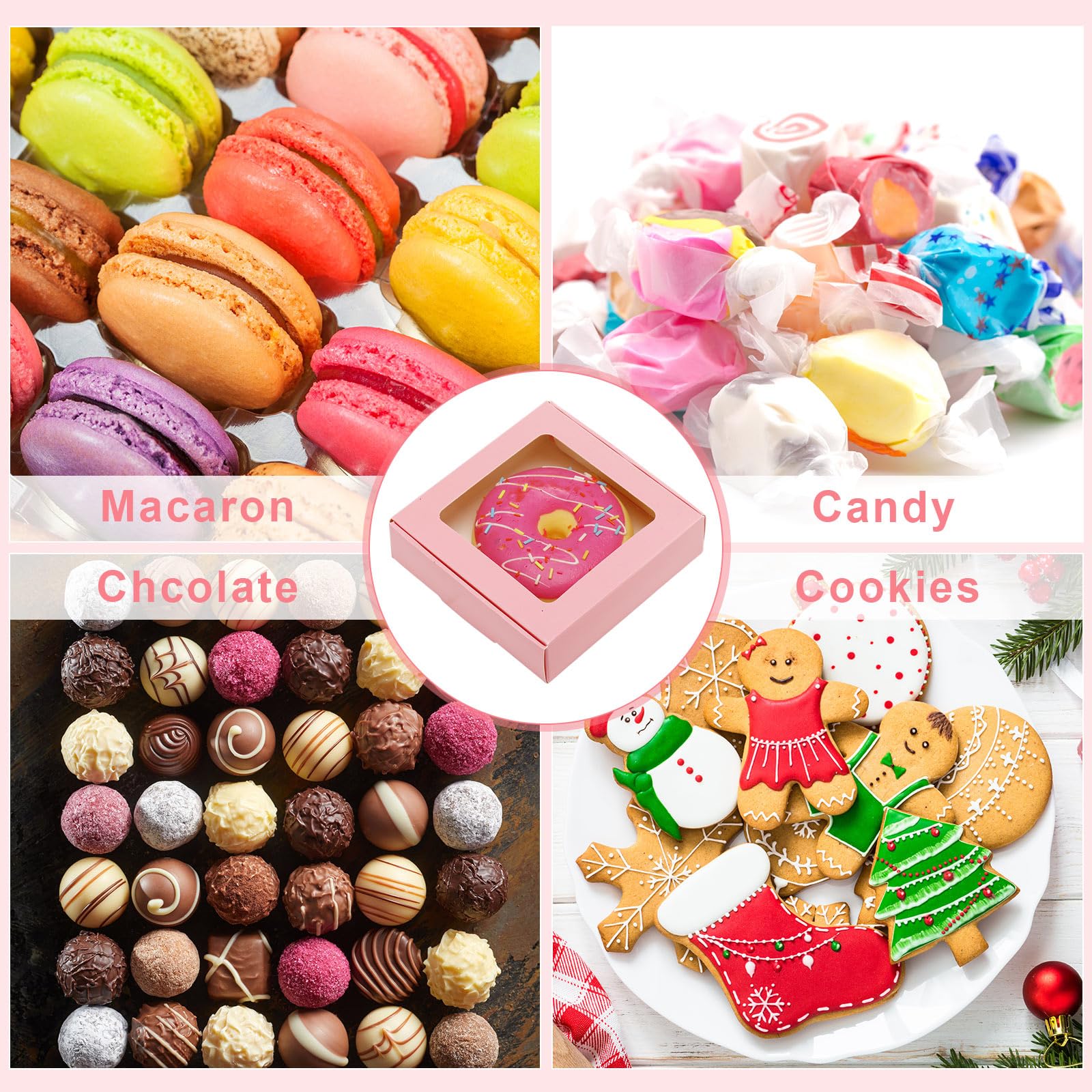 30 Kraft Paper Boxes with Window 4.13 x 4.13 x 1.18 Inch (Pink)