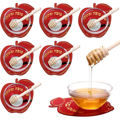Newtay 6 Sets Rosh Hashanah Apple Shaped Honey Dish with Dipping Spoon Jewish New Year Decoration Honey Dish with Stick, Acrylic Apple Honey Dish for Jewish New Year Holiday Gift Party Favor(Red)