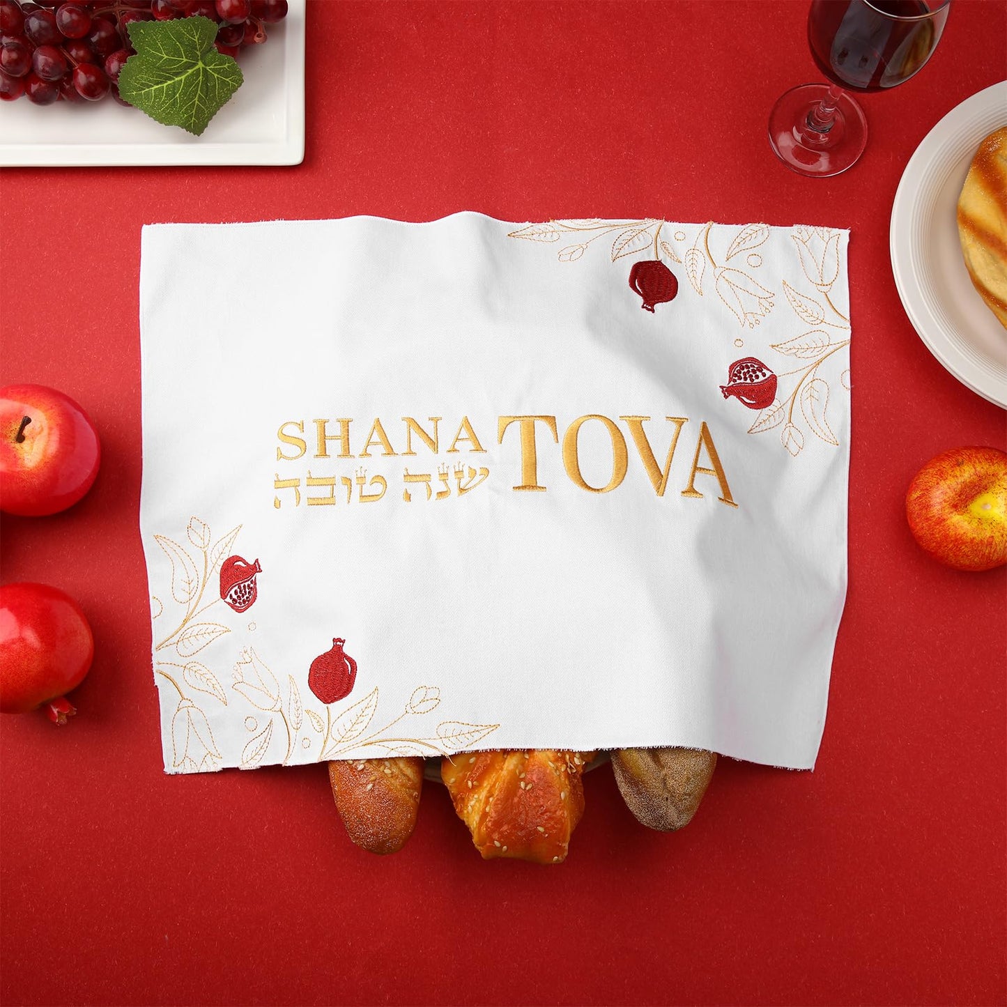 Breling Rosh Hashanah Challah Bread Cover for Shabbat and Yom Tov Shana Tova Embroidery Challah Cover Jewish New Year Hostess Gift 20" x 15" Pomegranate and Vine Judaica Table Decor Party Favors