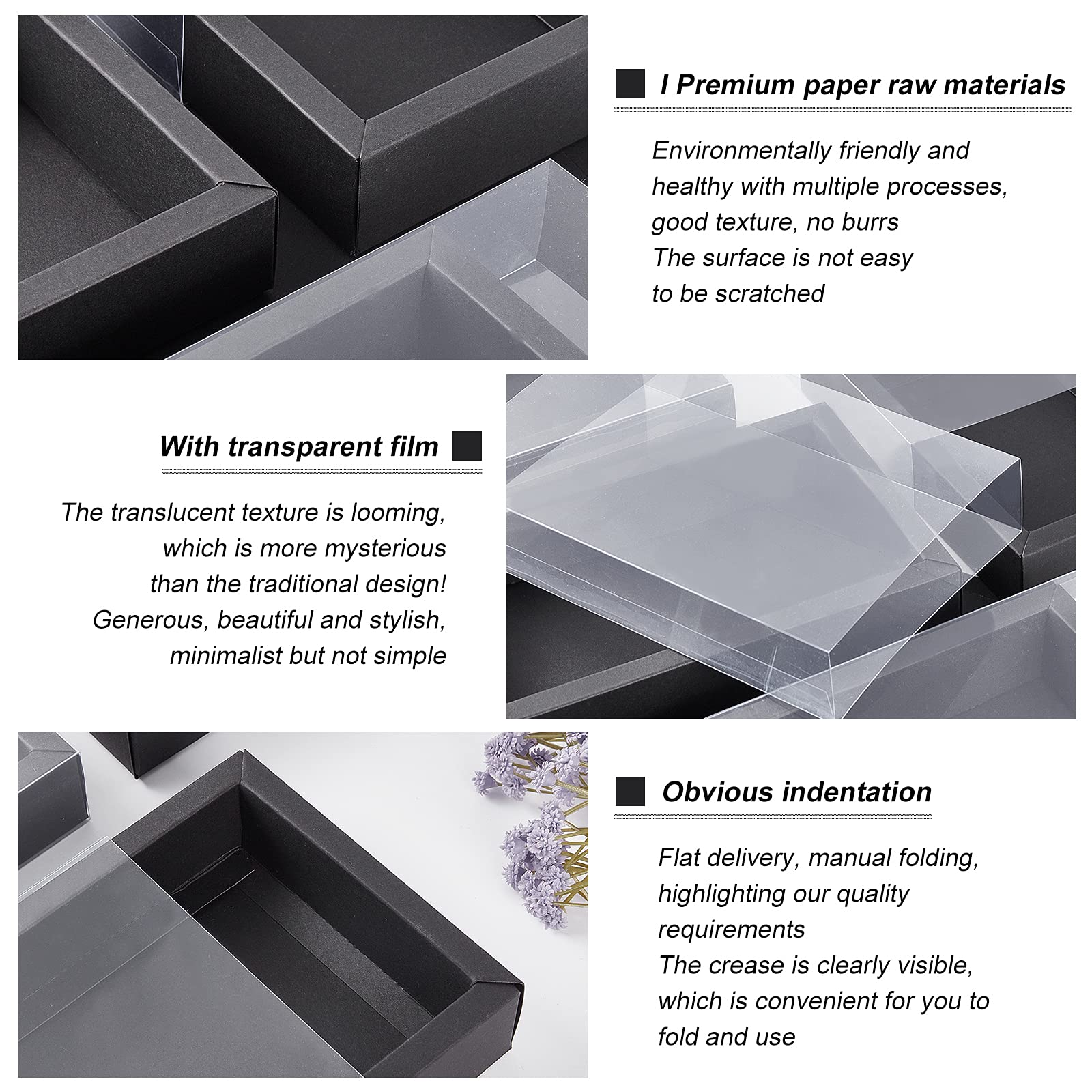 12 Pack Black Drawer Kraft Boxes with PVC Plastic Window 7.3x5x1.4