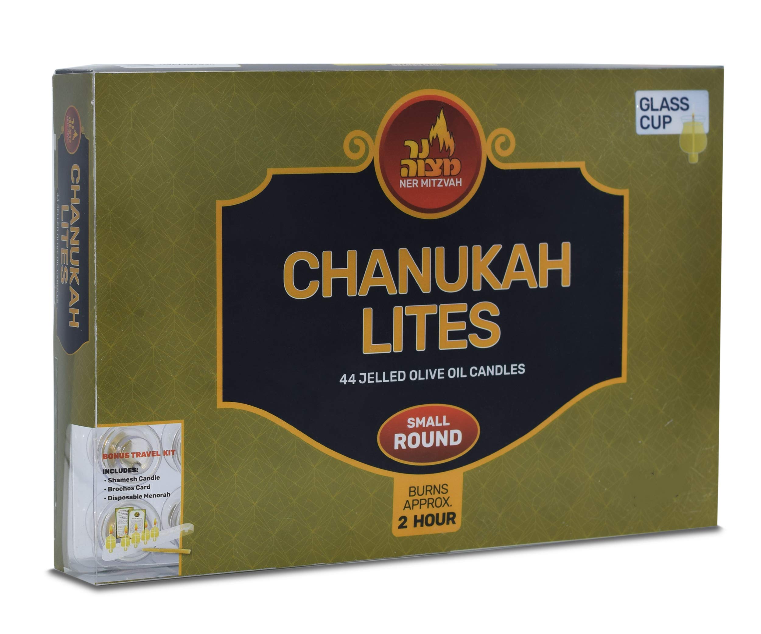 Menorah Jelled Oil Chanukah Lites - Small Round - 44 Pre-Filled Jelled Olive Oil Cup Candles - Quality Pure Olive Oil with Cotton Wicks in Glass Cup Burns Approx. 2 Hours
