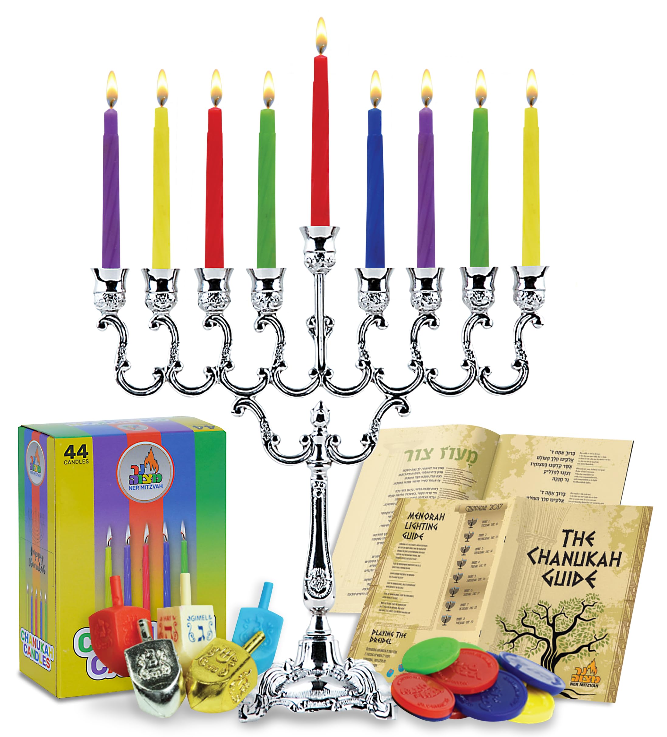 Ner Mitzvah Hanukkah Menorah Candles Dreidels, Chanukah Guide Complete Set - Metal, Standard Version