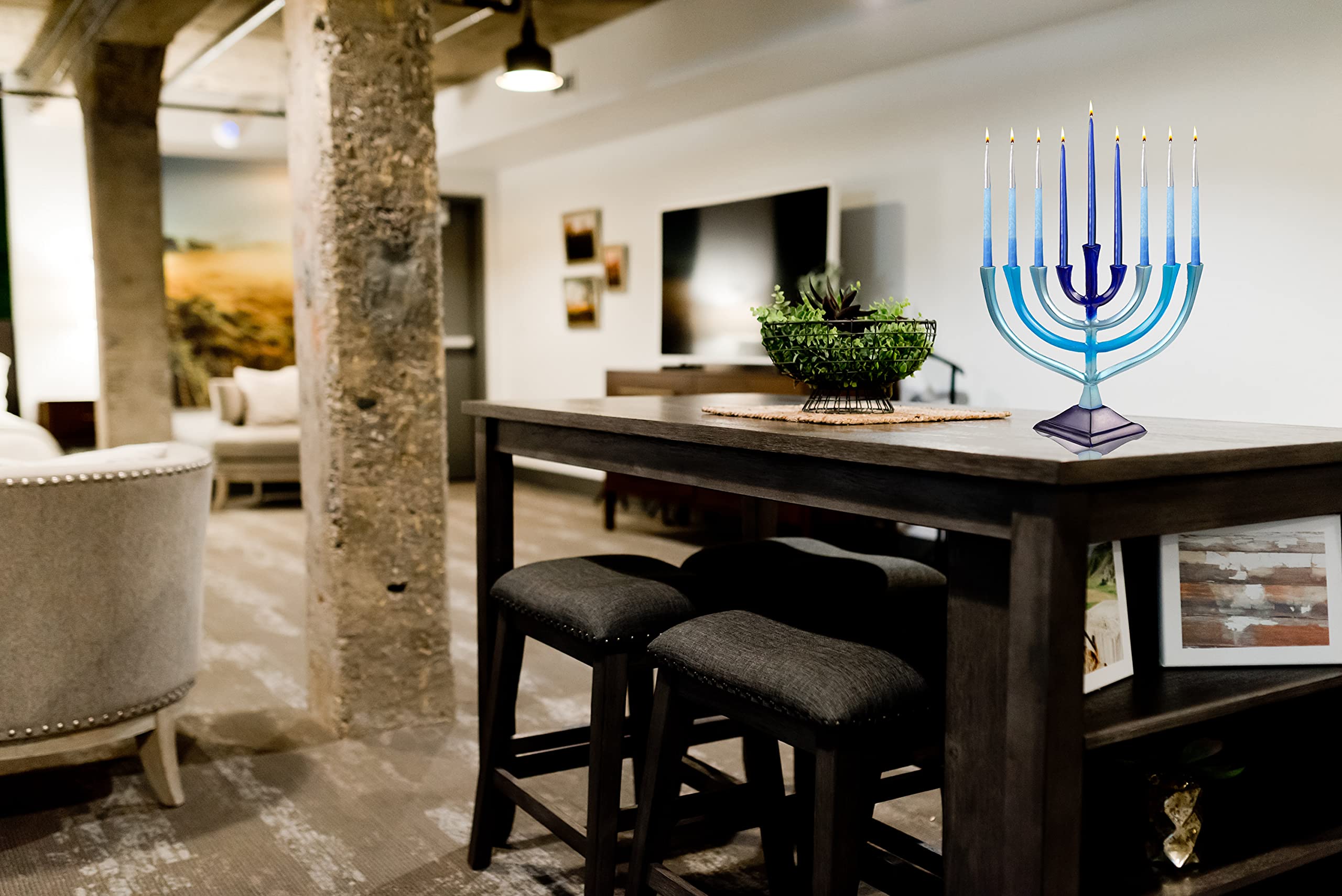 Ner Mitzvah Colorful Aluminum Candle Menorah - Fits All Standard Chanukah Candles - Artistic Blue Gradient Tie Dye Design - 10” High