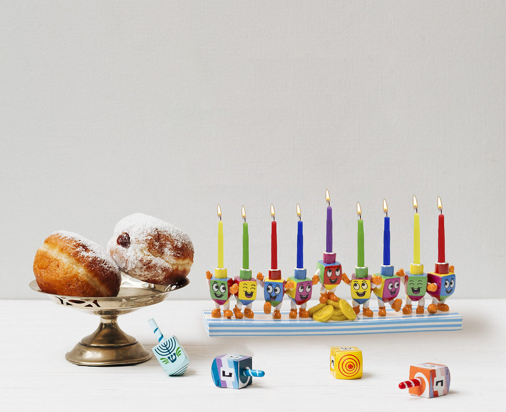 Ner Mitzvah Hand Painted Resin Hanukkah Menorah - Theme Menorahs for Chanukah - Dancing Dreidels Chanukah Menorah for Kids