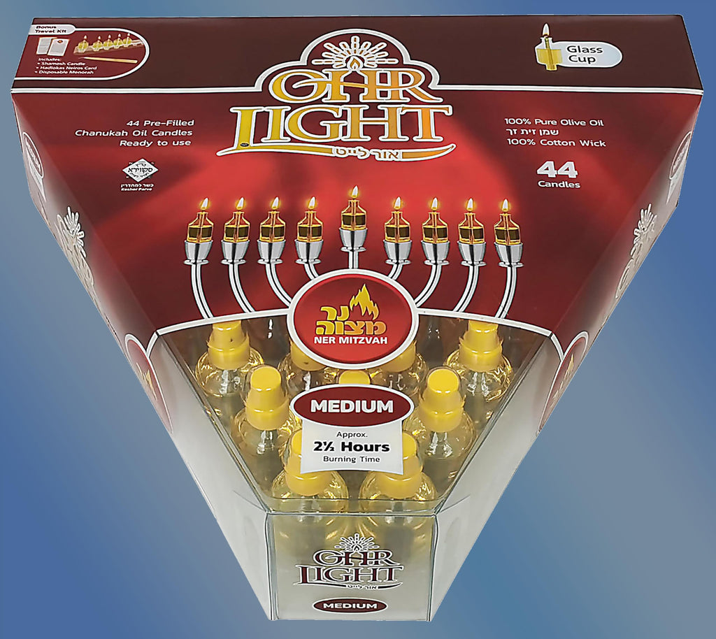 Ner Mitzvah Pre - Filled Menorah Oil Cup Candles, Hanukkah Ohr Lights, 100% Olive Oil with Cotton Wick in Glass Cup - Medium (Pack of 44) Burns Approx. 2 1/2 Hrs