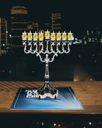 Chanukah Menorah Drip Tray - “Haneiros Hallalu” Hanukkah Glass Serving Platter - 16 Inch x 12 Inch Blue Glass Tray - Ner Mitzvah