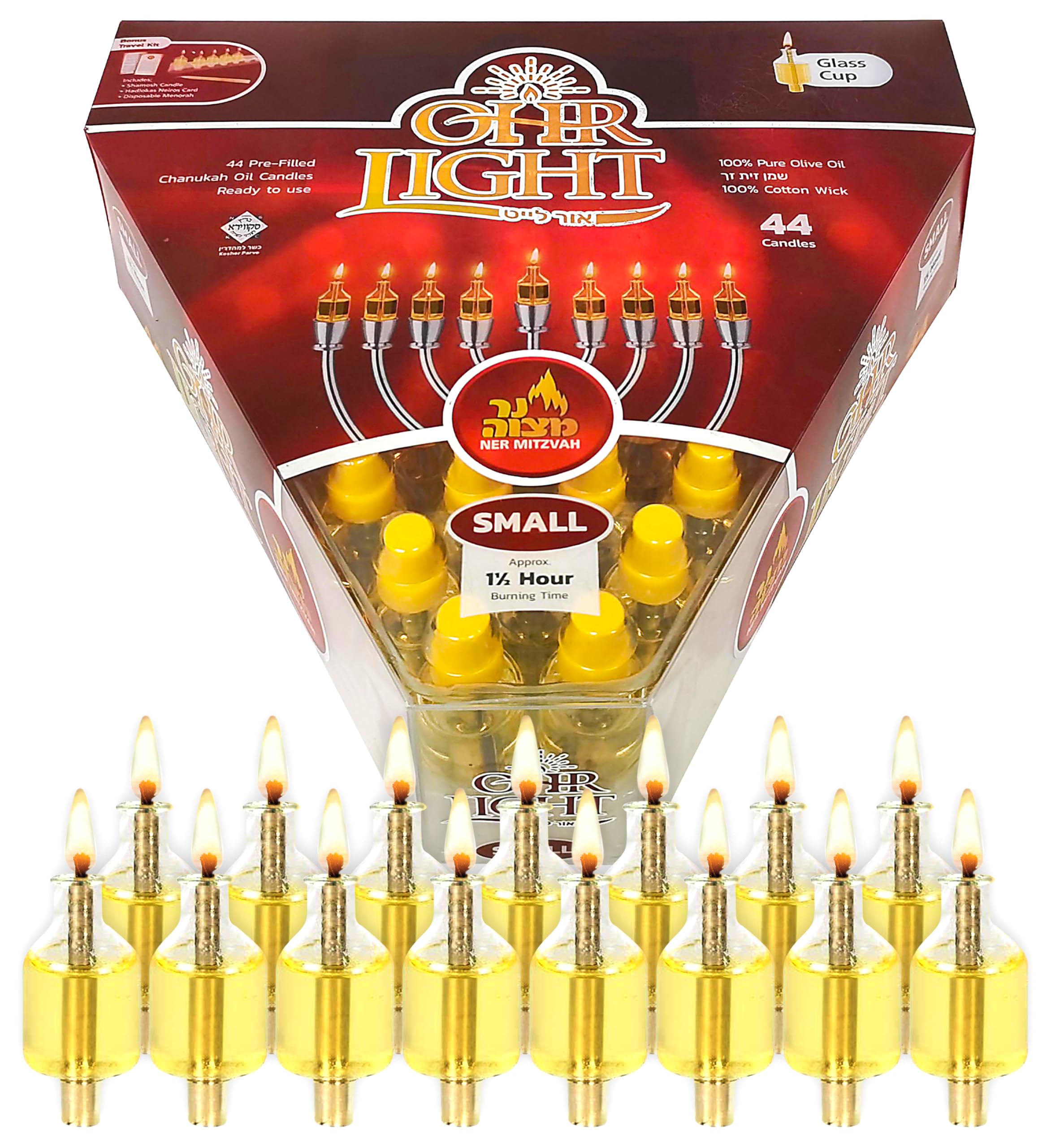 Ner Mitzvah Pre-Filled Menorah Oil Cup Candles - Hanukkah Ohr Lights - 100% Olive Oil with Cotton Wick in Glass Cup - Small Size, 44 per Pack, Burns Approx. 1 1/2 Hrs