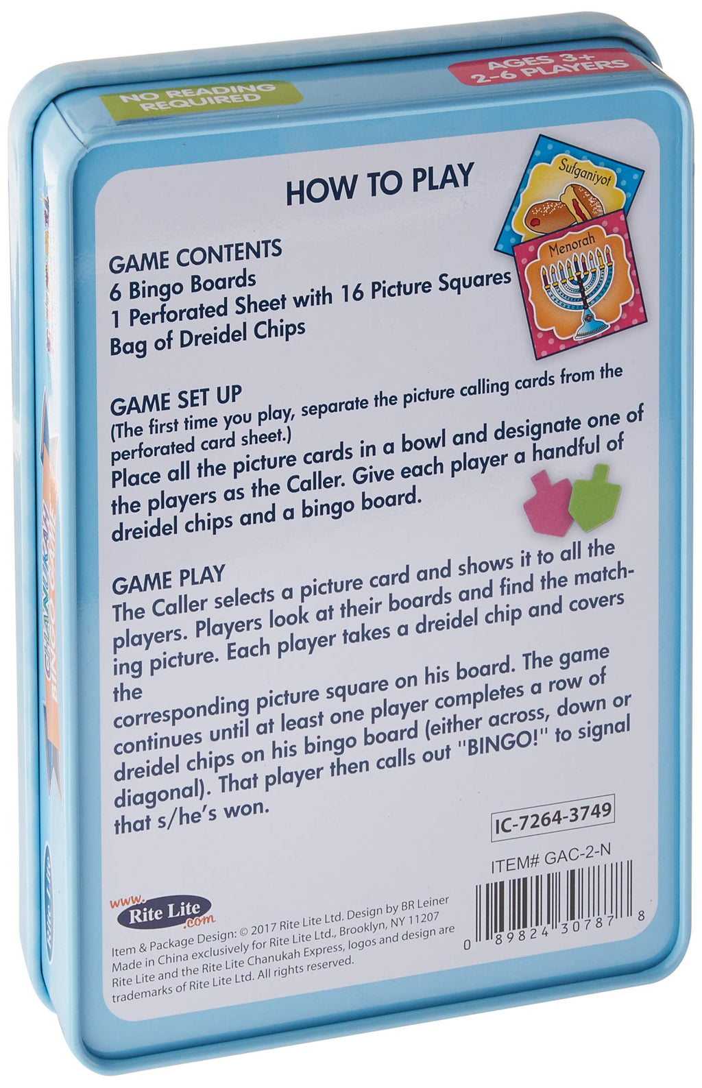 Chanukah Bingo Game by Rite Lite - Fun Hanukkah-Themed Bingo for Kids Ages 3+ - Includes 6 Bingo Boards, Calling Cards & Dreidel Chips - 2-6 Players - No Reading Required - Perfect for Holiday Parties