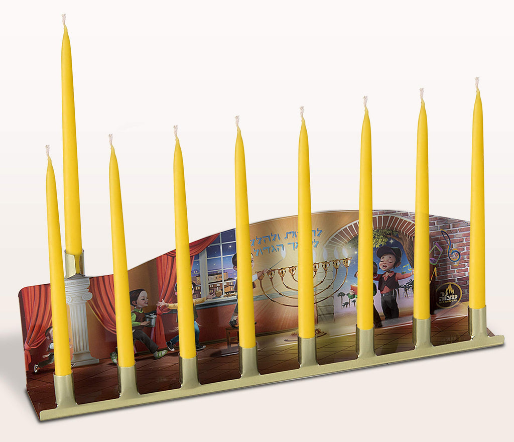 Ner Mitzvah Tin Candle Menorah - Fits All Standard Chanukah Candles - Colorful Painted Hannuka Children's Scene