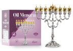 Ner Mitzvah Silver Plated Oil Menorah - Fits Standard Chanukah Oil Cups and Large Candles - Embossed Design, Square Base - 11” High