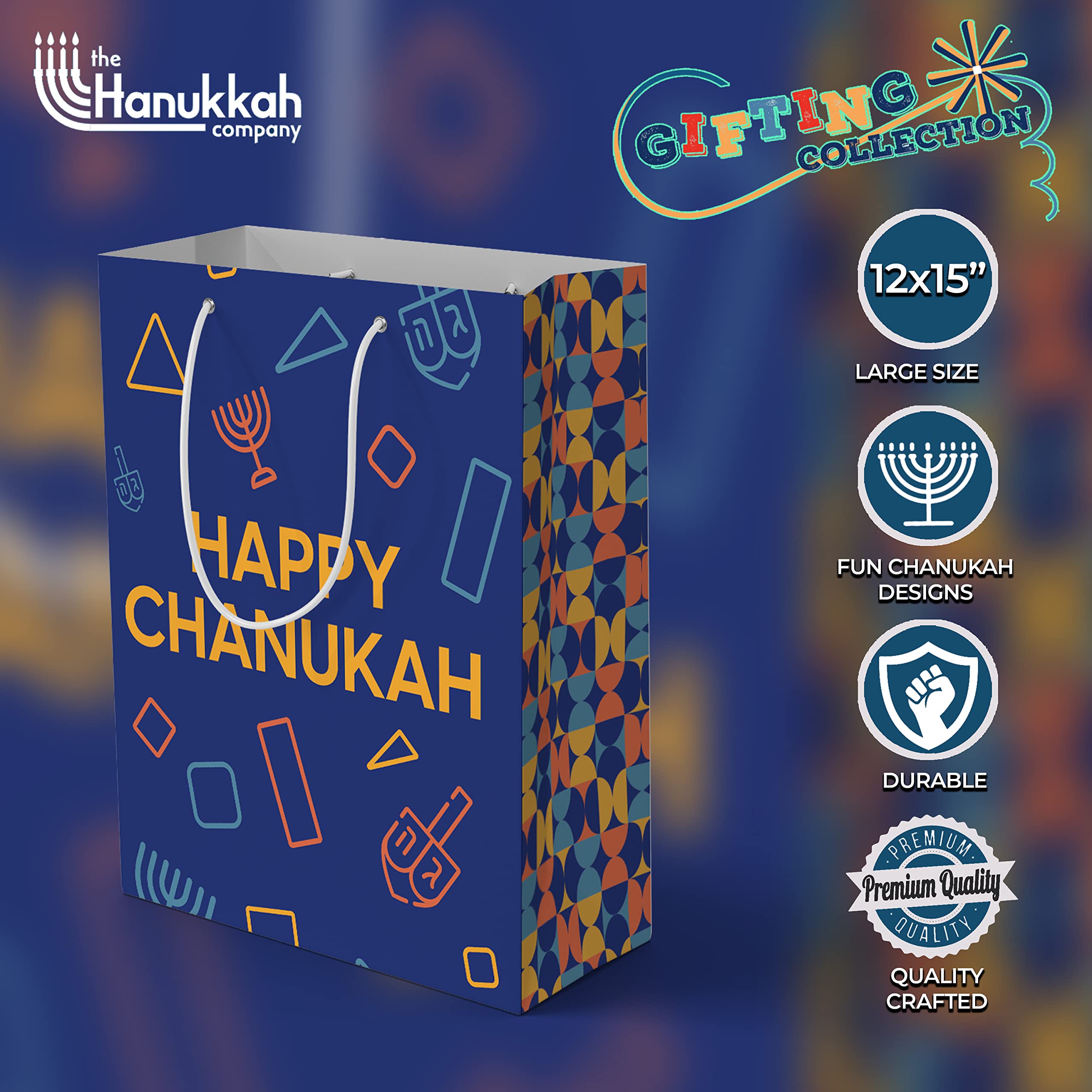 The Hanukkah Company - 2 Pack Blue Gift Bags - 12 Inch x 15 Inch - Hanukkah Designs
