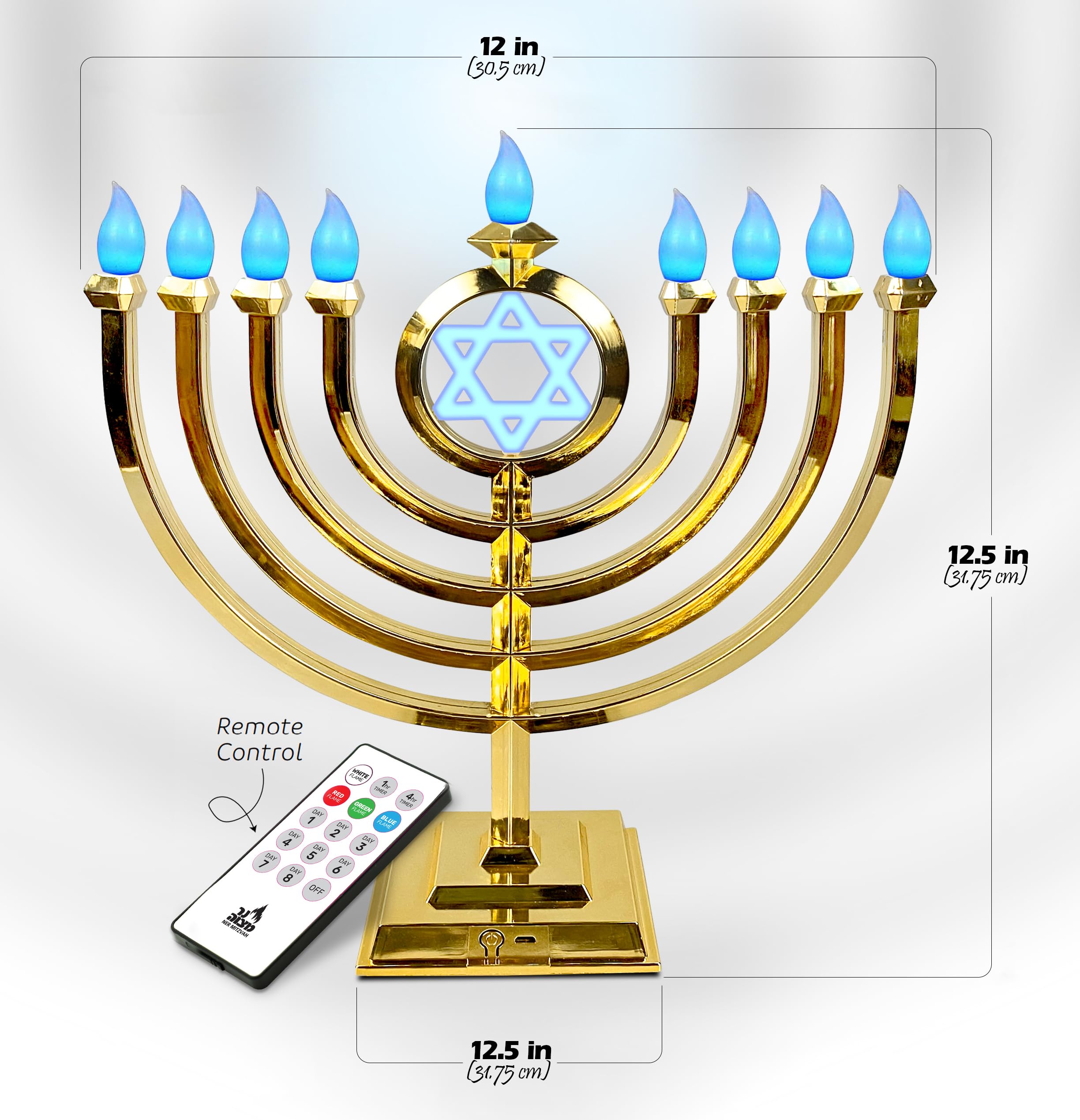 Ner Mitzvah LED Electric Hanukkah Menorah - Color Changing LED Traditional Classic Chanukah Menorah with Remote - Battery or USB Powered - USB Cord Included - Gold