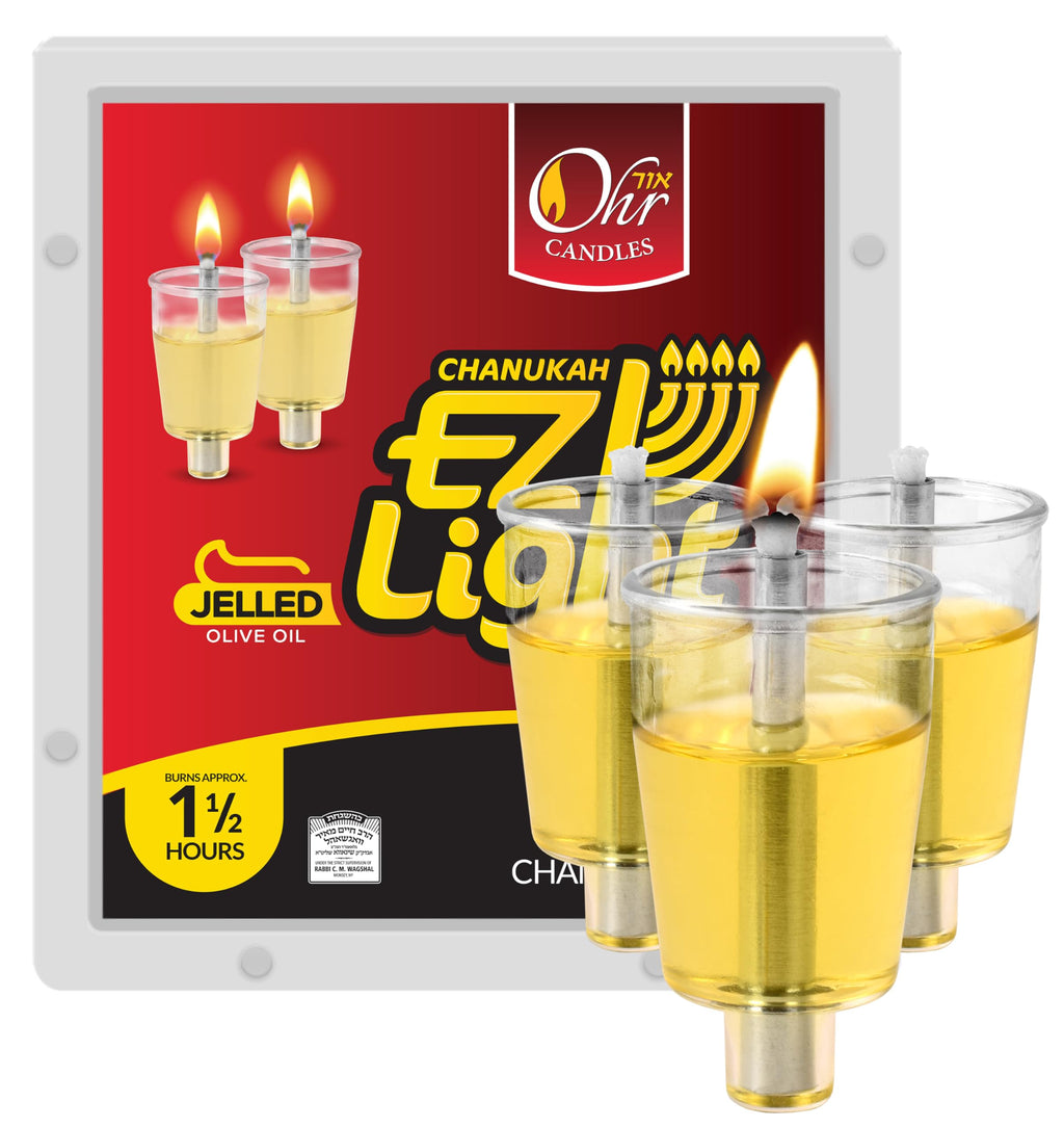 OHR CANDLES E-Z Light 44 Jelled Olive Oil Chanukah Candles Jelled Prefilled Olive Oil -1.5 Hour Burntime