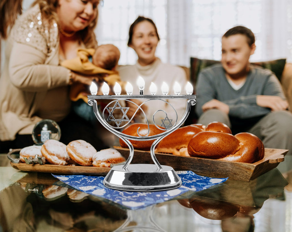 Ner Mitzvah LED Electric Hanukkah Menorah, LED Traditional Whimsical Channukah Menorah Electric, Battery or USB Powered and Cord Included, Silver