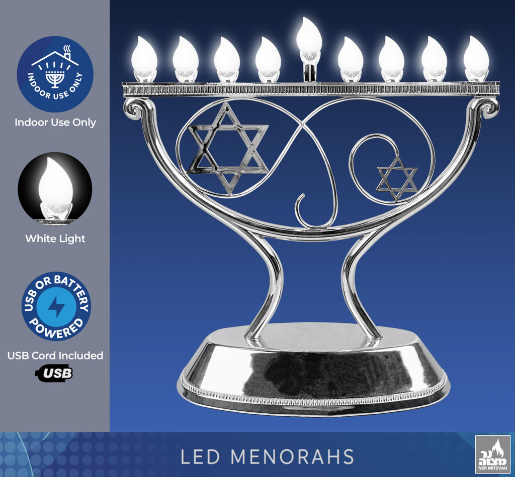 Ner Mitzvah LED Electric Hanukkah Menorah, LED Traditional Whimsical Channukah Menorah Electric, Battery or USB Powered and Cord Included, Silver