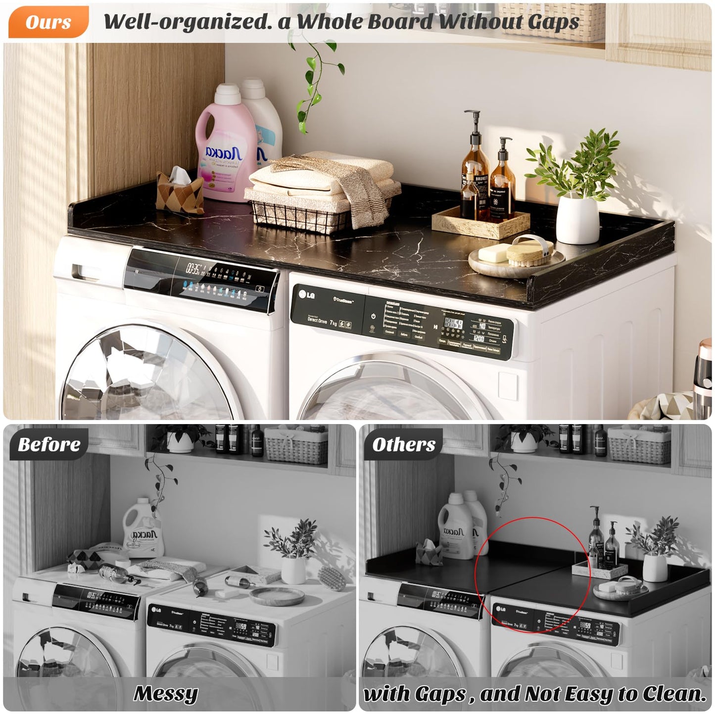 Aheaplus Washer and Dryer Countertop, Laundry Room Organization with Non-Slip Pads, Wood Shelf Topper with Round Corner Edge Rails, Folding Organizer for Laundry, 54" W x 27.5" D, Black Marble