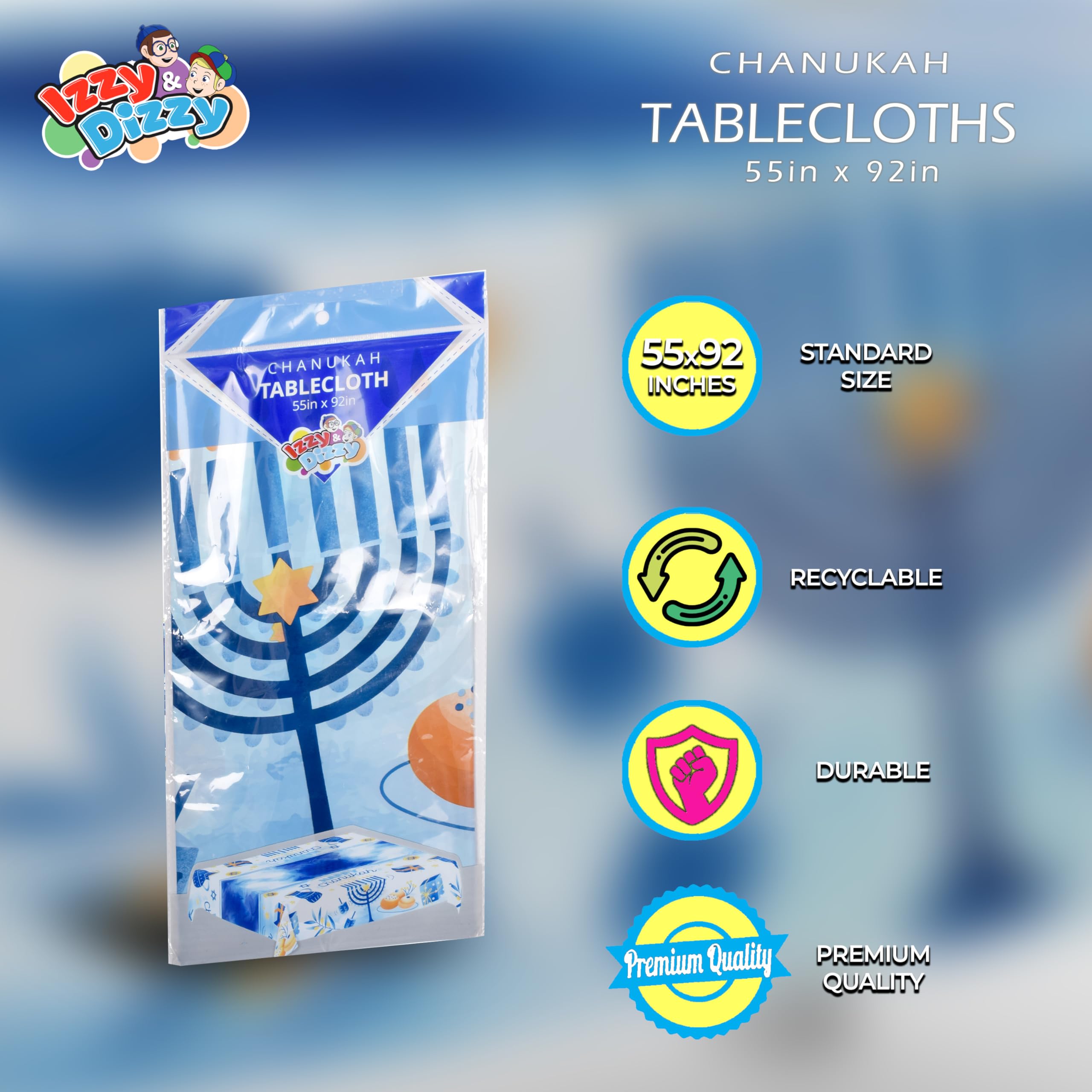 Izzy 'n' Dizzy Hanukkah Tablecloth Plastic - Hanukkah Paper Goods - 55" x 92" - Blue and White Chanukah Themed Party Supplies
