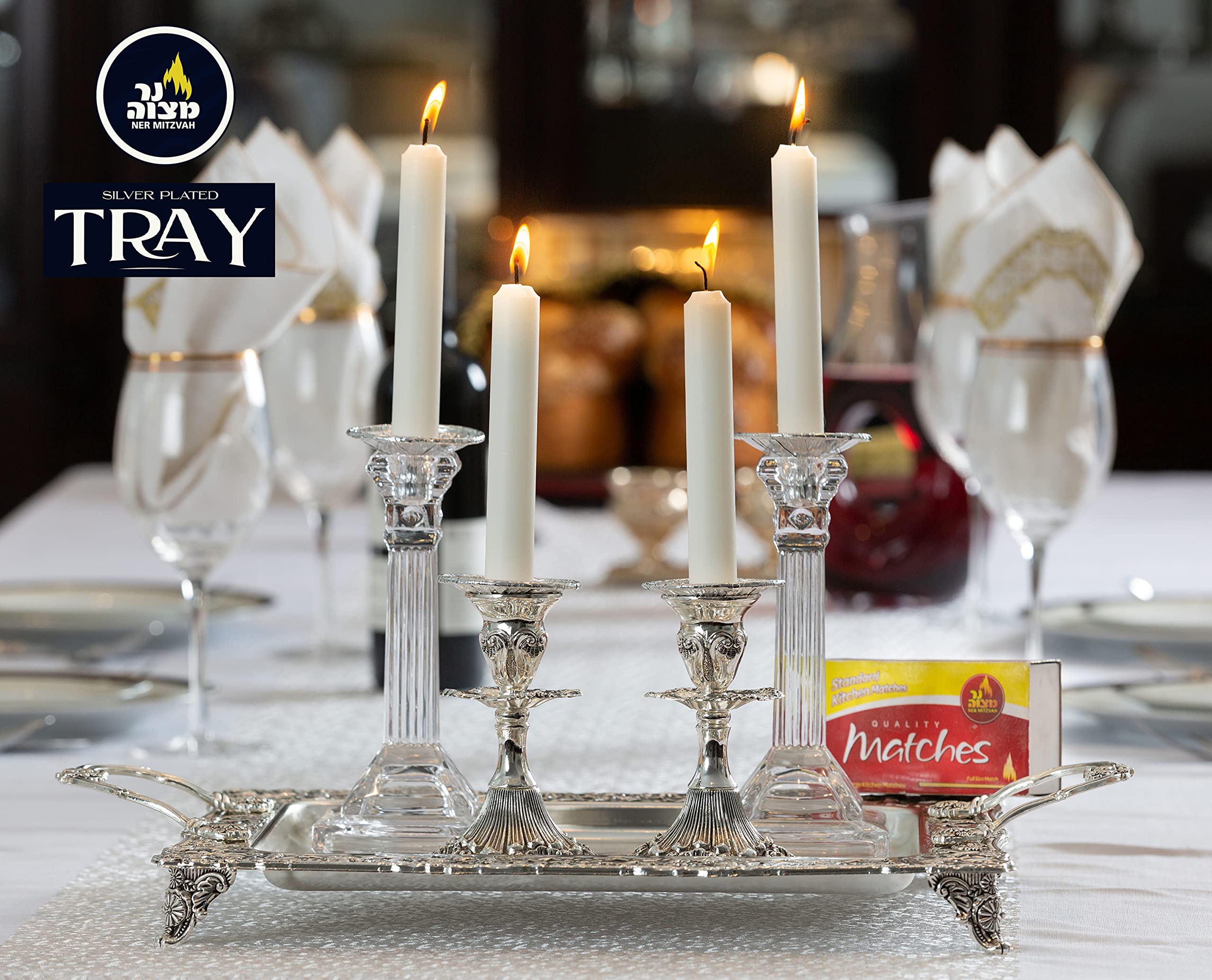 Silver Plated Menorah Tray with Handles - 16 Inch x 13.5 Inch - for Shabbos, Yom Tov, Hanukkah Drip Tray - Large Square Silver Tray - Ner Mitzvah