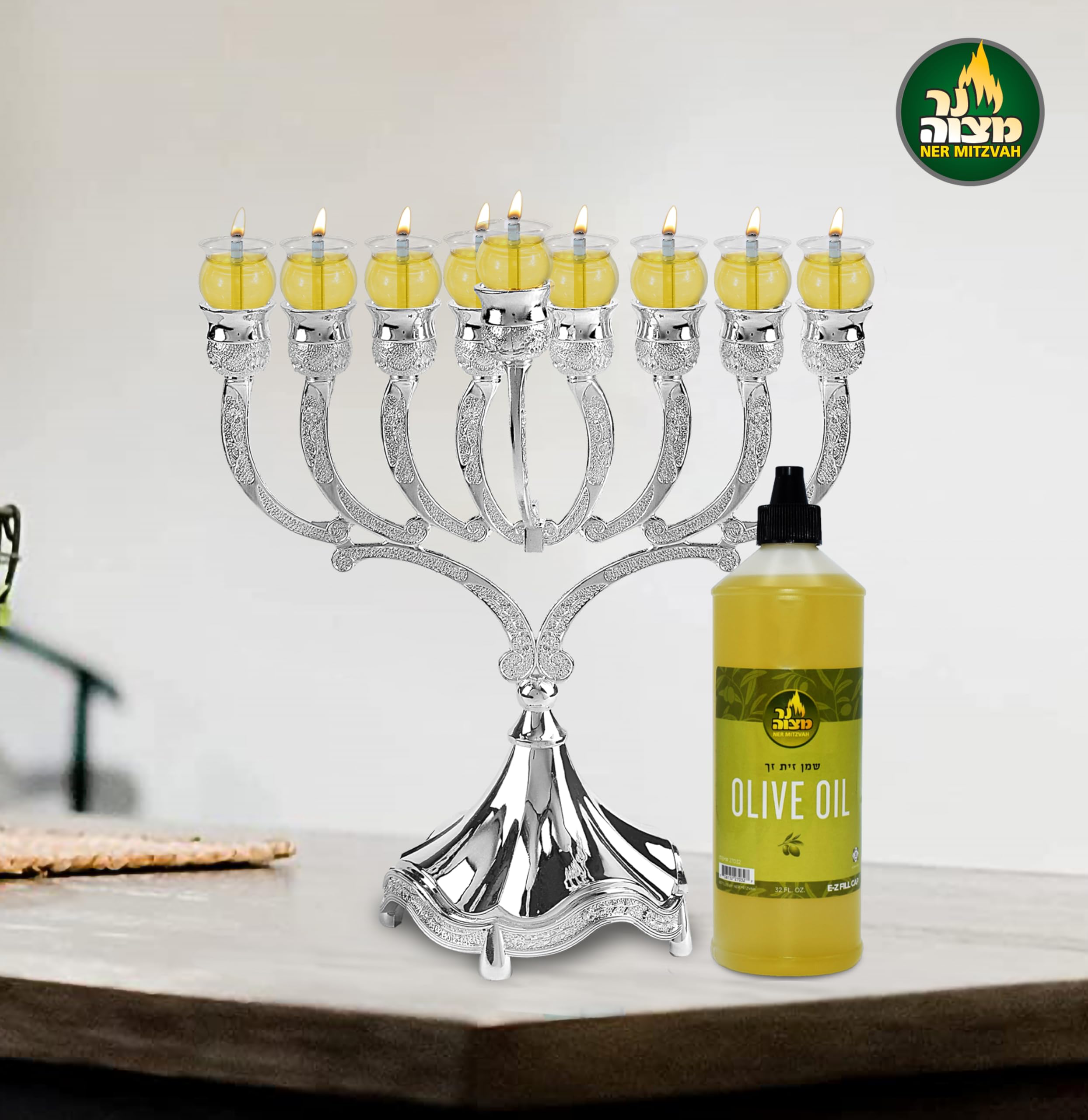 Ner Mitzvah Olive Oil for Candle Lighting - 32 ounce - Use as Menorah Oil Mason Jar Candles E-Z Fill Cap