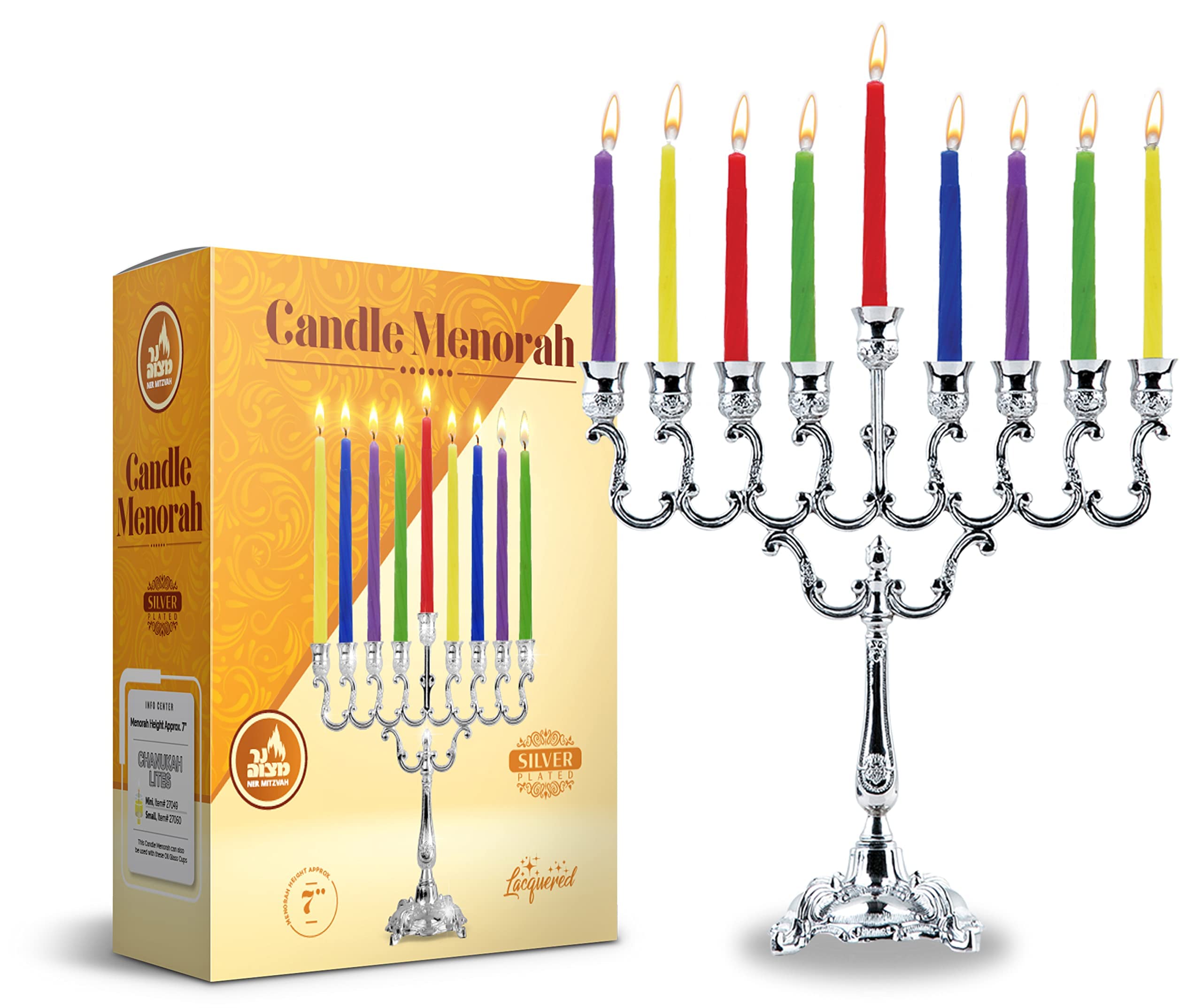 Ner Mitzvah Silver Plated Candle Menorah, Fits All Standard Hanukkah Candles - Curved Branches, 7.25 High x 6.5 Wide