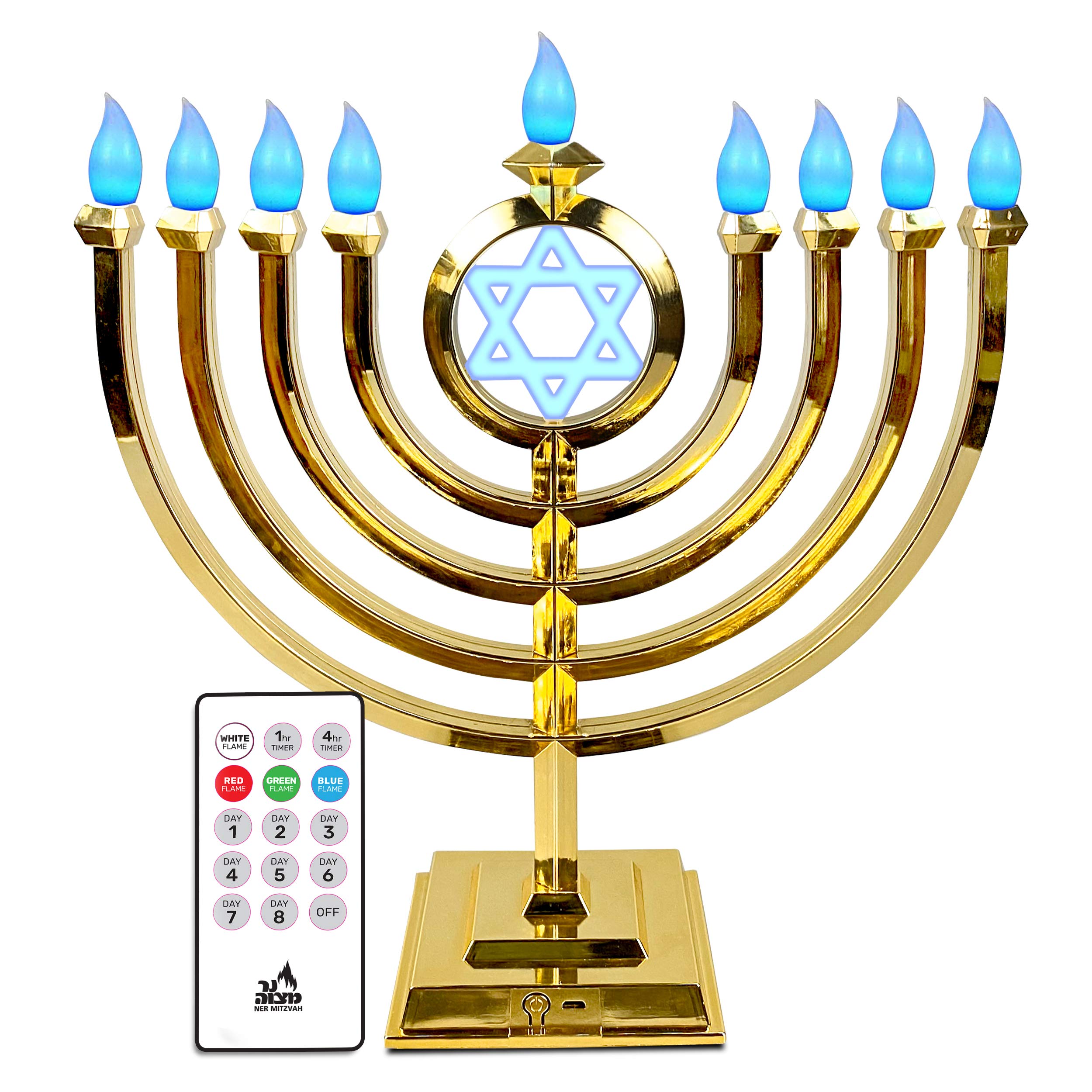 Ner Mitzvah LED Electric Hanukkah Menorah - Color Changing LED Traditional Classic Chanukah Menorah with Remote - Battery or USB Powered - USB Cord Included - Gold