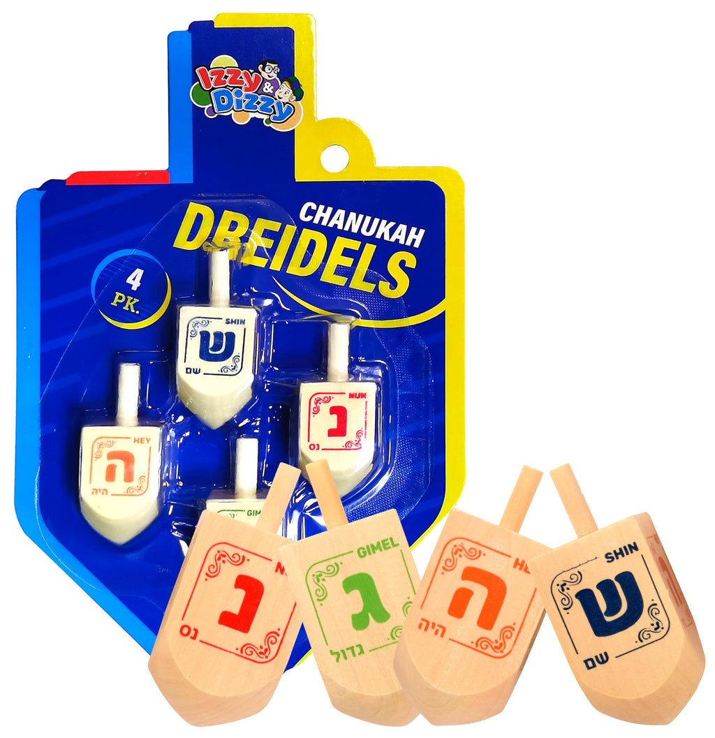 Izzy 'n' Dizzy Hanukkah Natural Wooden Dreidel (Pack of 4) - Medium