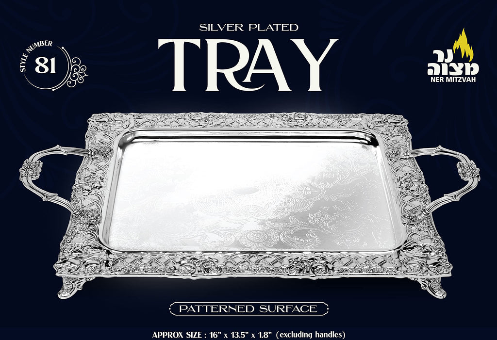 Silver Plated Menorah Tray with Handles - 16 Inch x 13.5 Inch - for Shabbos, Yom Tov, Hanukkah Drip Tray - Large Square Silver Tray - Ner Mitzvah