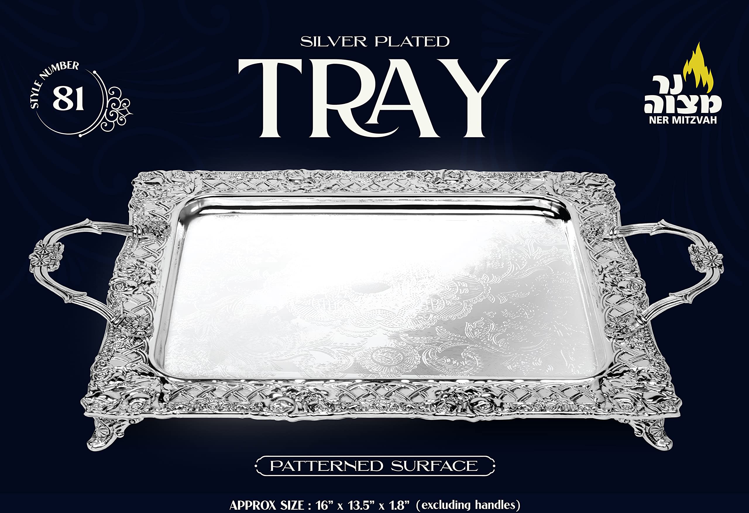 Silver Plated Menorah Tray with Handles - 16 Inch x 13.5 Inch - for Shabbos, Yom Tov, Hanukkah Drip Tray - Large Square Silver Tray - Ner Mitzvah