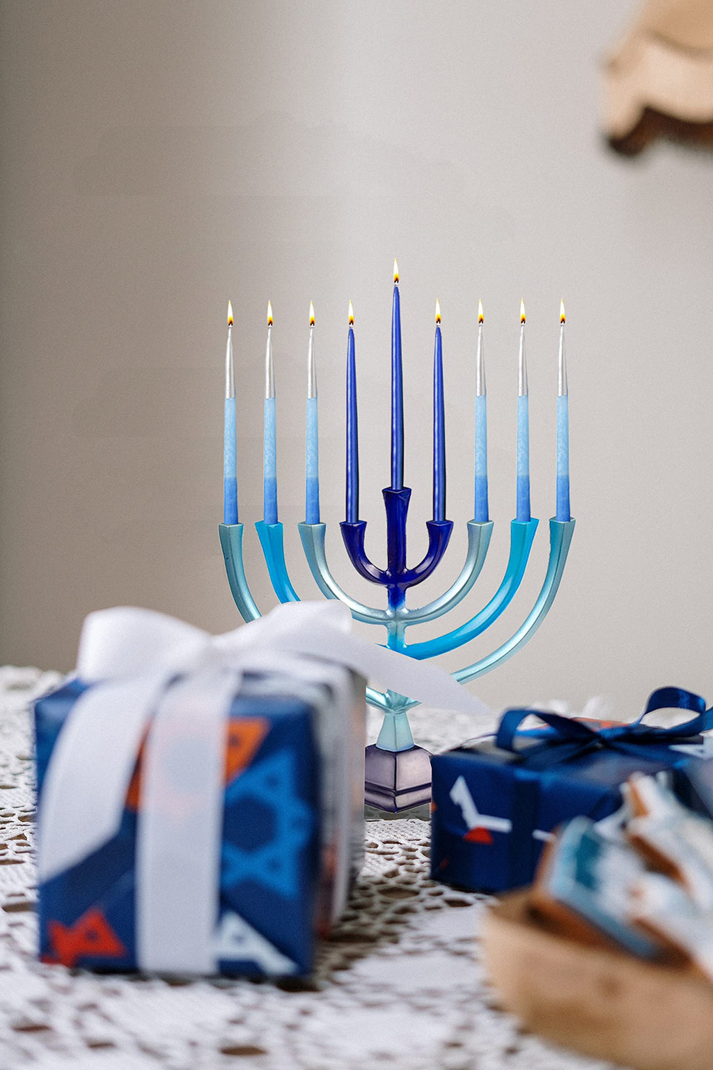 Ner Mitzvah Colorful Aluminum Candle Menorah - Fits All Standard Chanukah Candles - Artistic Blue Gradient Tie Dye Design - 10” High