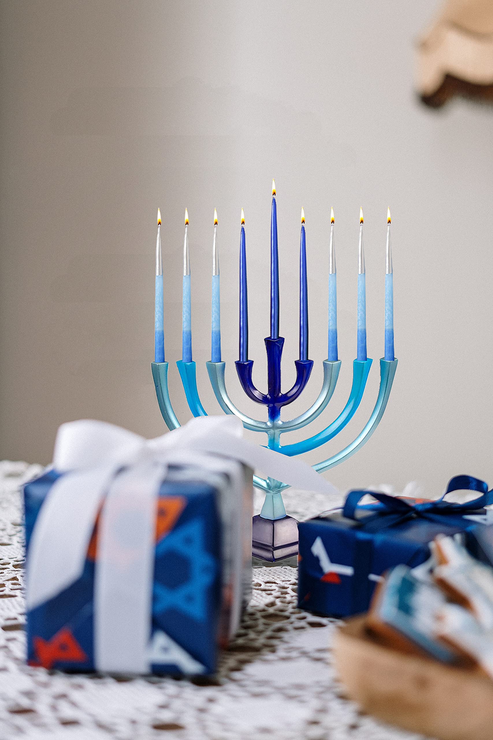 Ner Mitzvah Colorful Aluminum Candle Menorah - Fits All Standard Chanukah Candles - Artistic Blue Gradient Tie Dye Design - 10” High