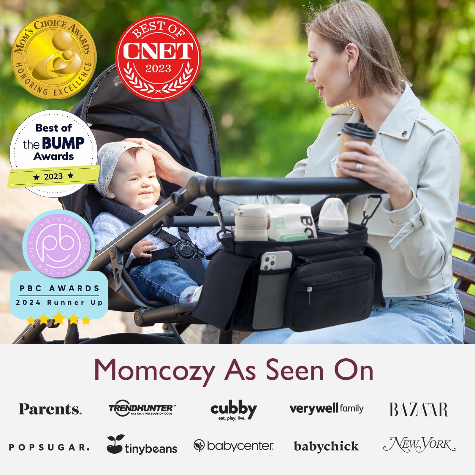 Momcozy Universal Stroller Organizer with Insulated Cup Holder Detachable Phone Bag & Shoulder Strap,